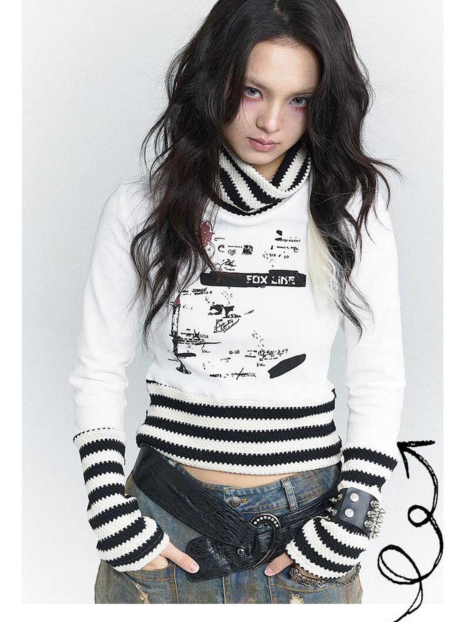 MOMSYCAN FOX LINE Velvet Trimmed Leopard Print High Neck T Shirt