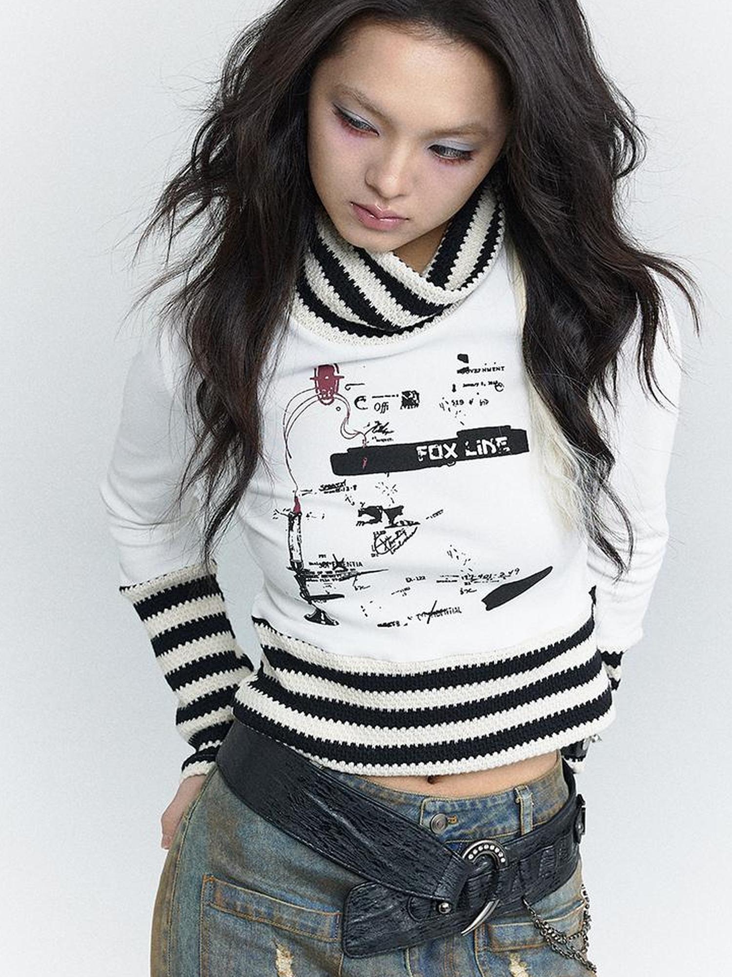 MOMSYCAN FOX LINE Velvet Trimmed Leopard Print High Neck T Shirt