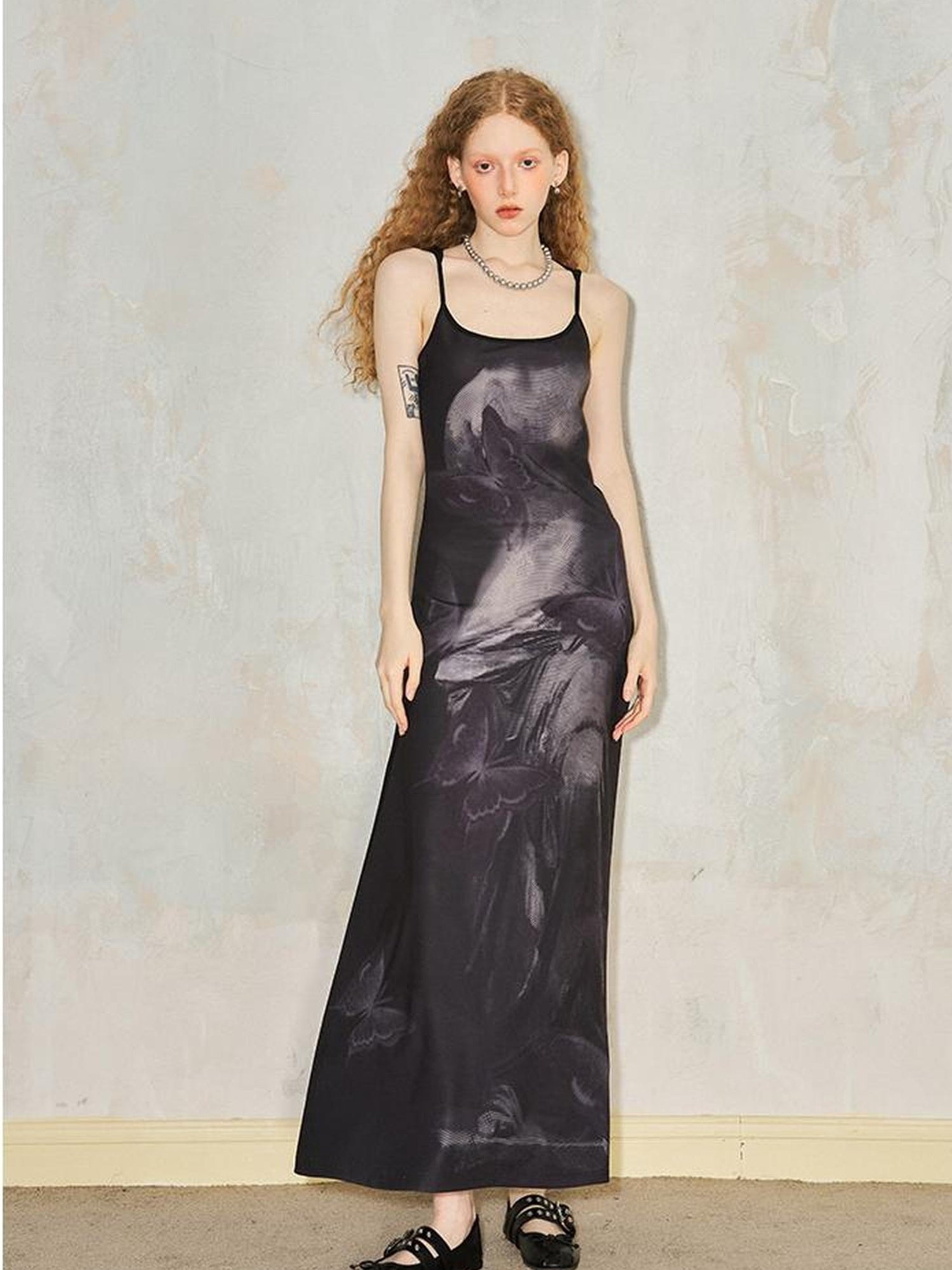 DIDDI MODA Venus Butterfly Print Slim Knit Strap Summer Dress