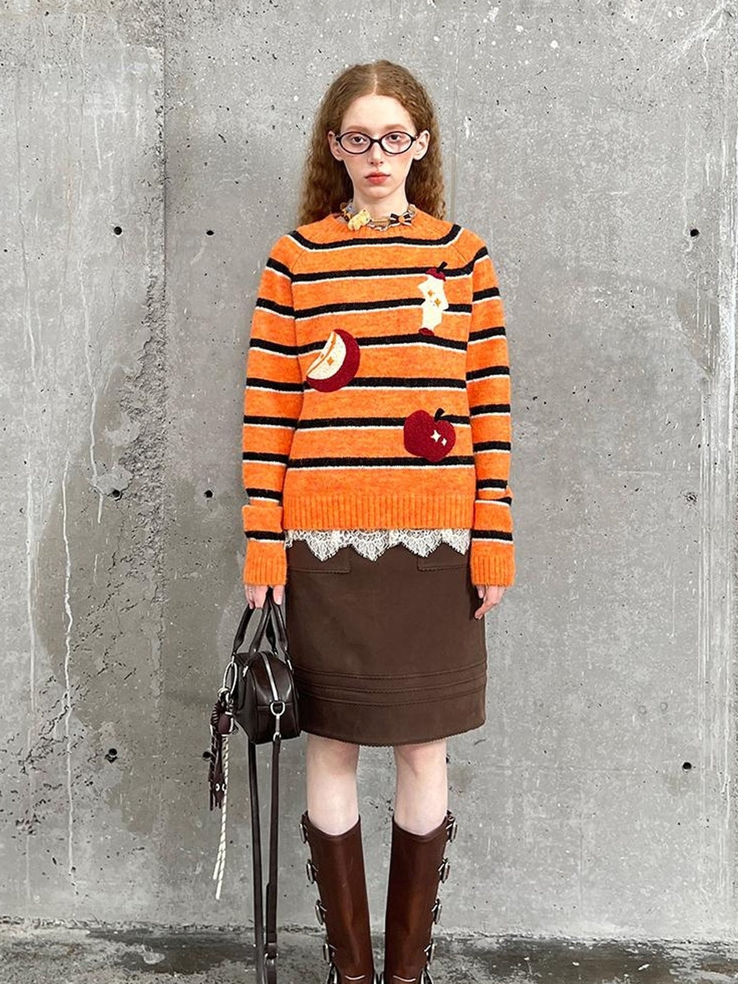 DIDDI MODA Vintage Apple Embroidered Striped Mohair Sweater