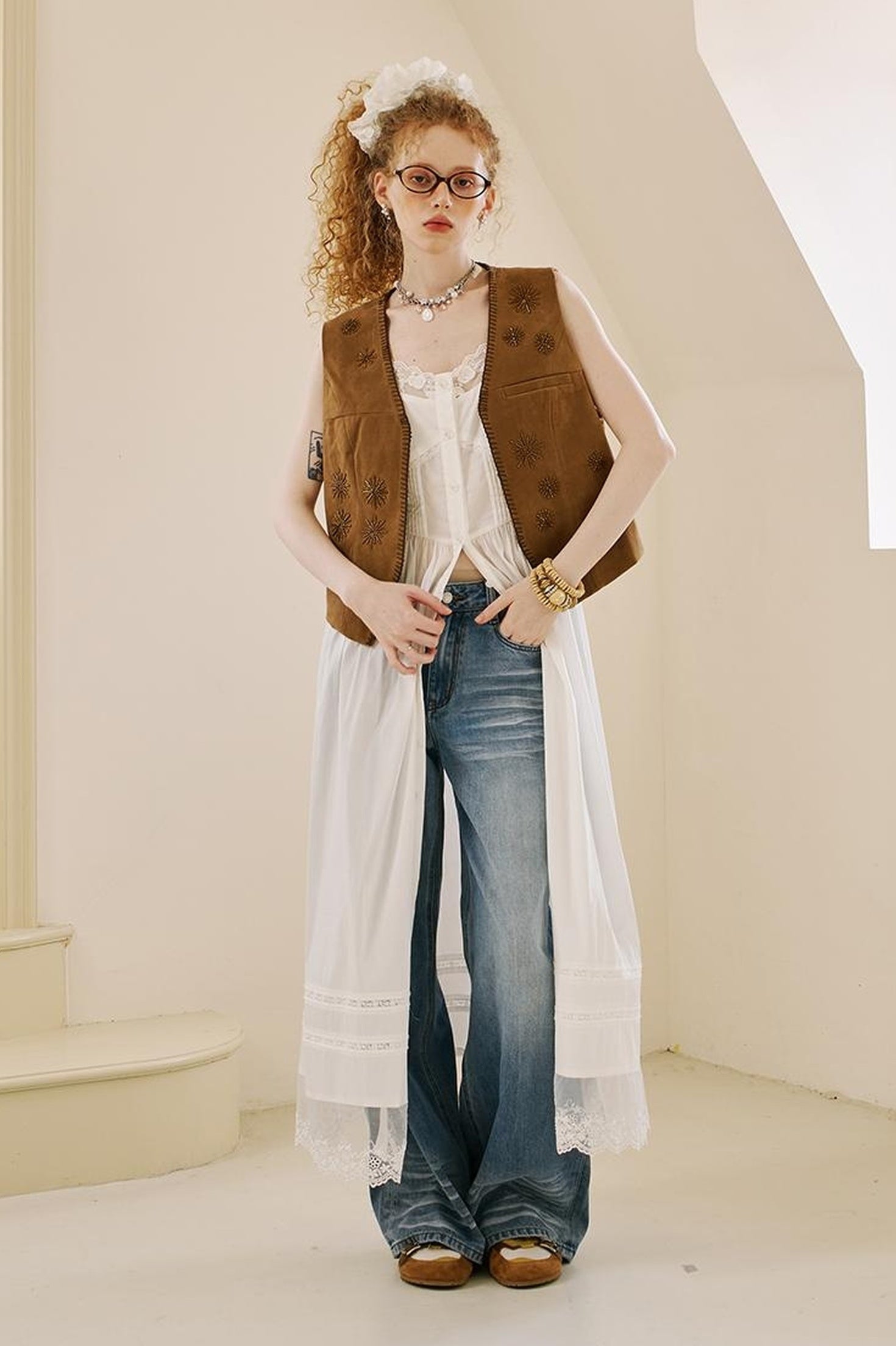 DIDDI MODA Vintage Beaded Pu Vest With Fur Collar