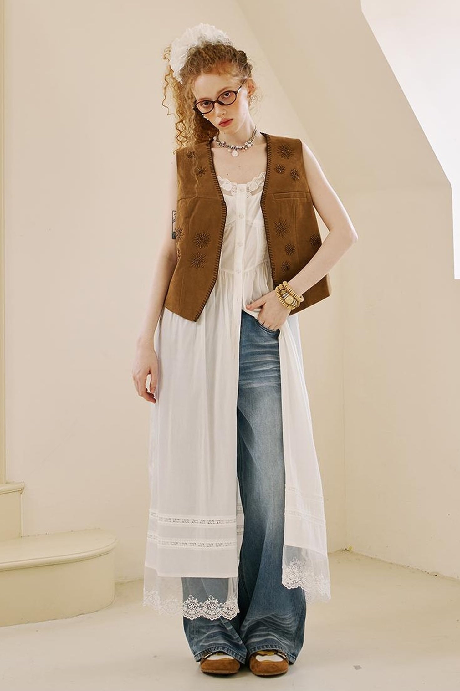 DIDDI MODA Vintage Beaded Pu Vest With Fur Collar