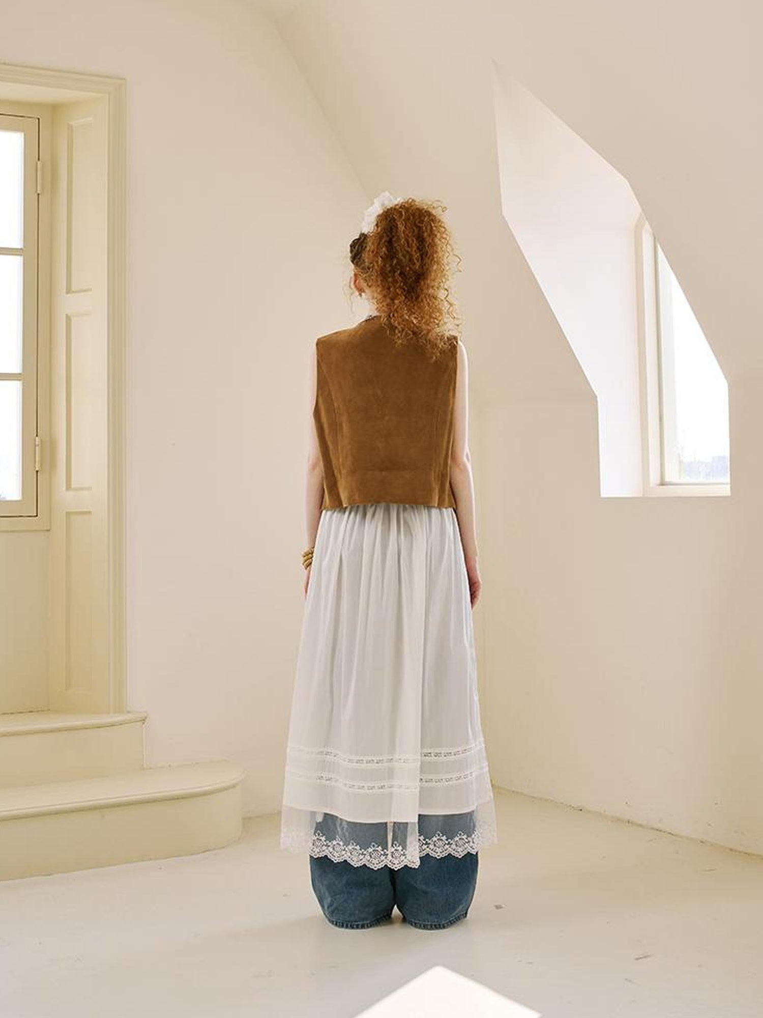 DIDDI MODA Vintage Beaded Pu Vest With Fur Collar