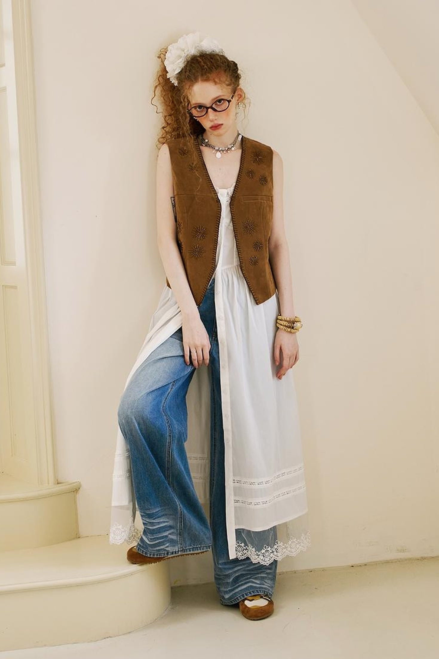 DIDDI MODA Vintage Beaded Pu Vest With Fur Collar