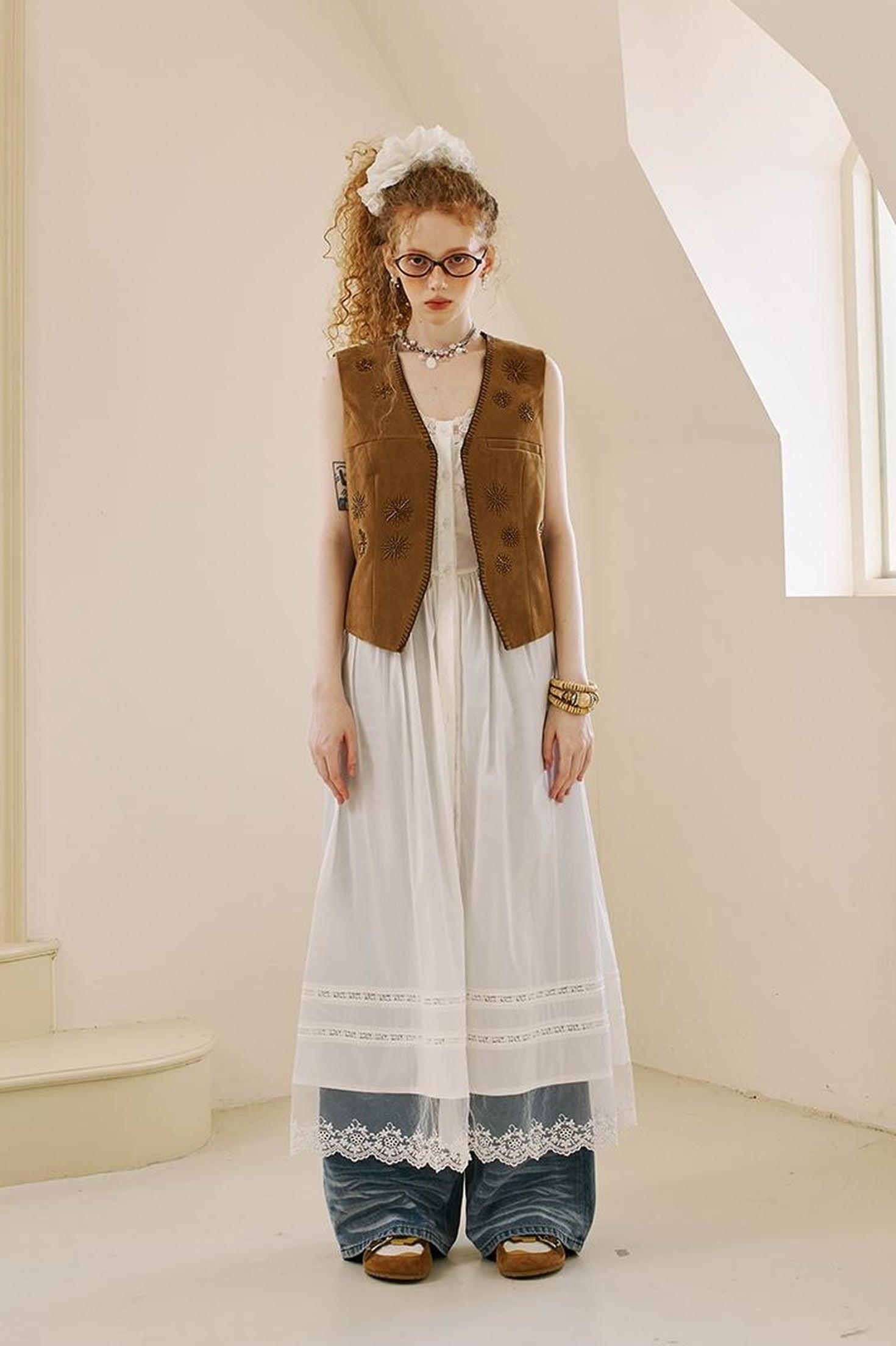 DIDDI MODA Vintage Beaded Pu Vest With Fur Collar