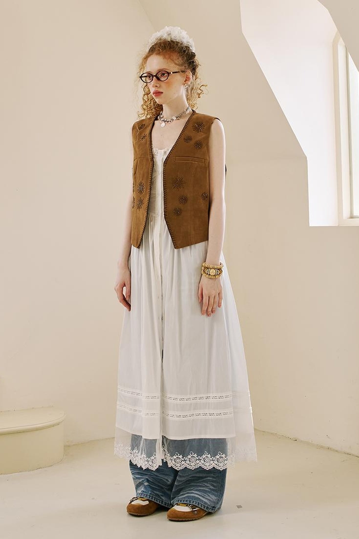 DIDDI MODA Vintage Beaded Pu Vest With Fur Collar