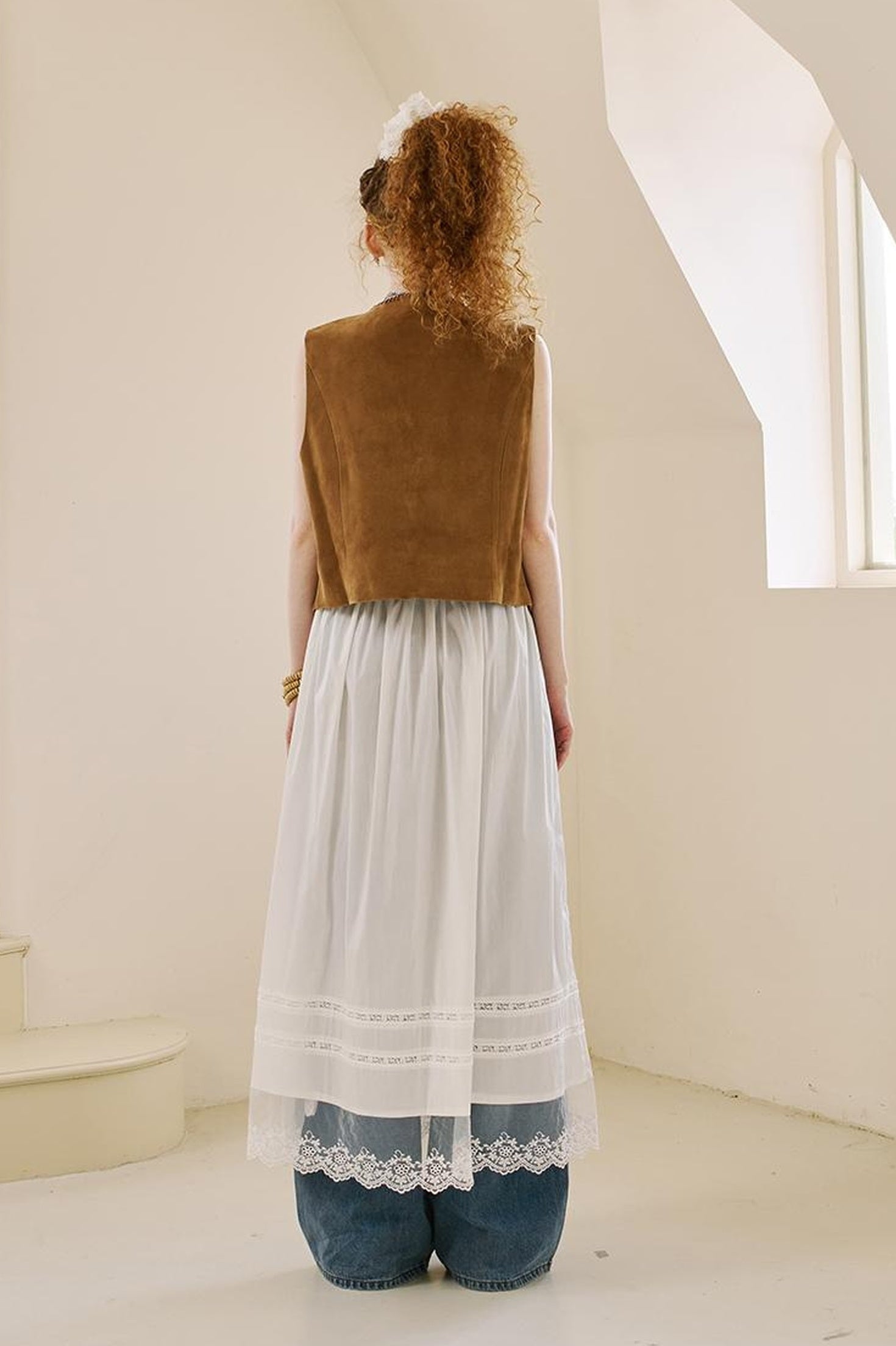 DIDDI MODA Vintage Beaded Pu Vest With Fur Collar