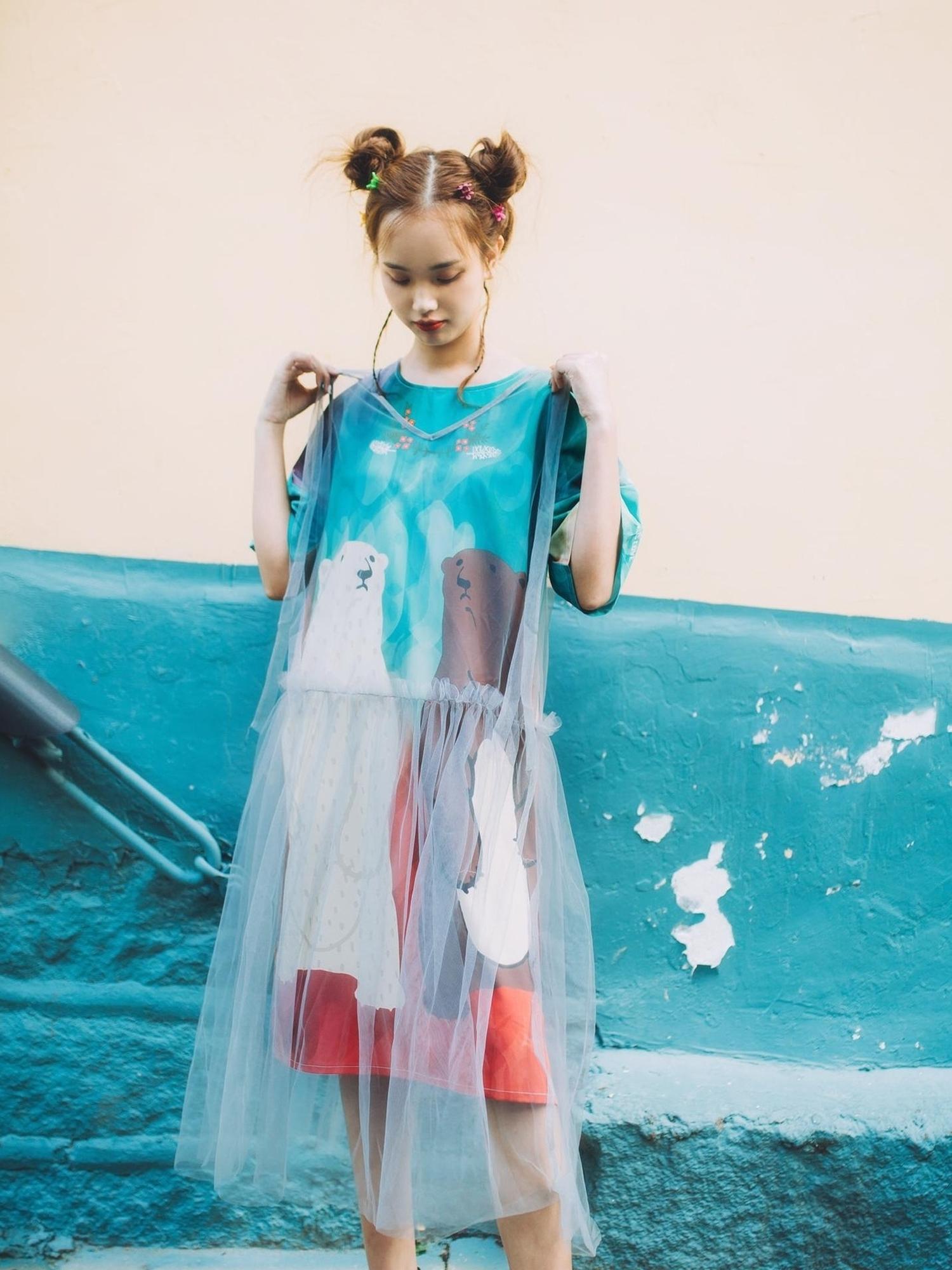 Sweet Mi Vintage Bear Print Oversized T Shirt Dress Summer Casual Long Tee