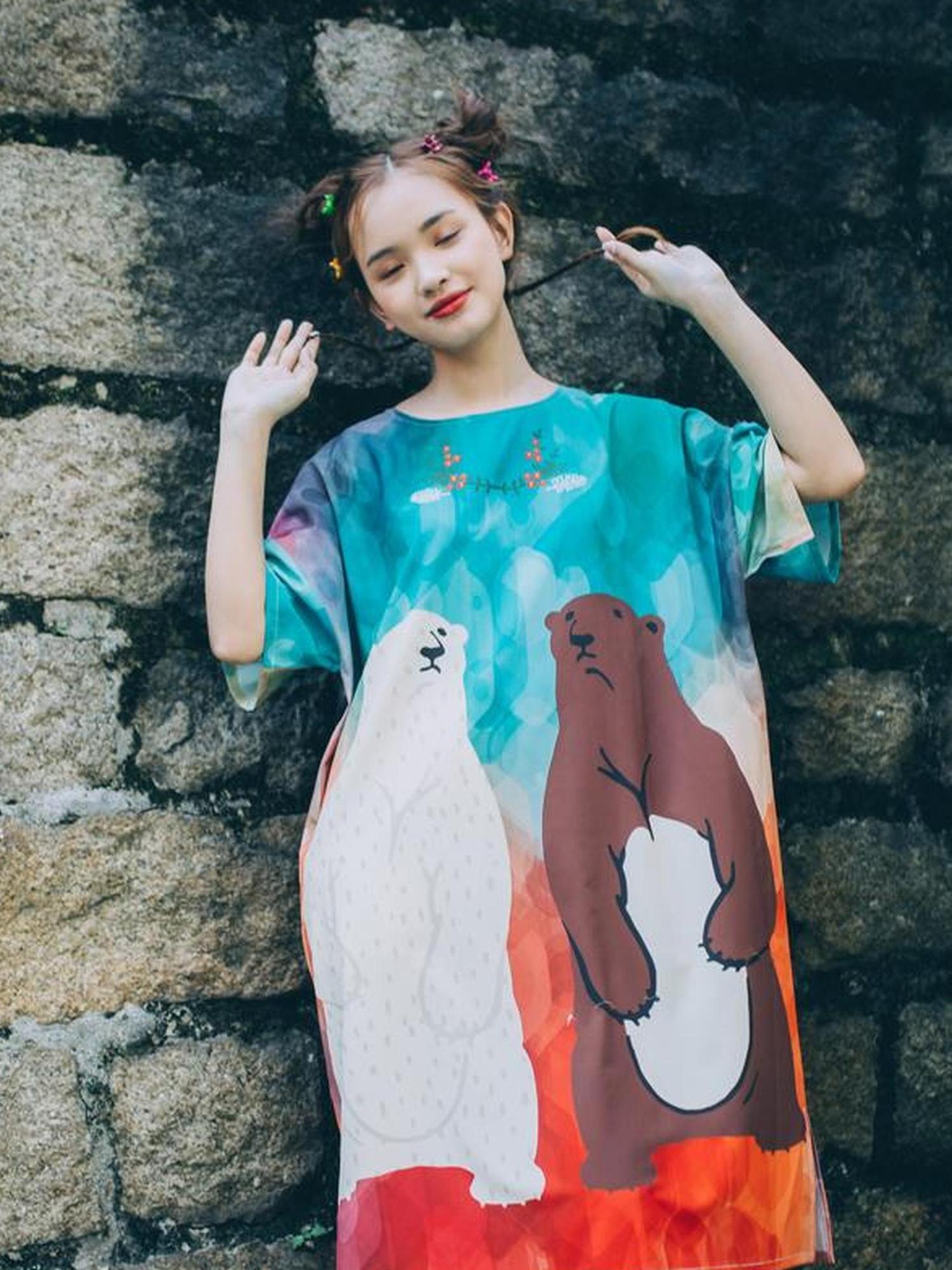 Sweet Mi Vintage Bear Print Oversized T Shirt Dress Summer Casual Long Tee