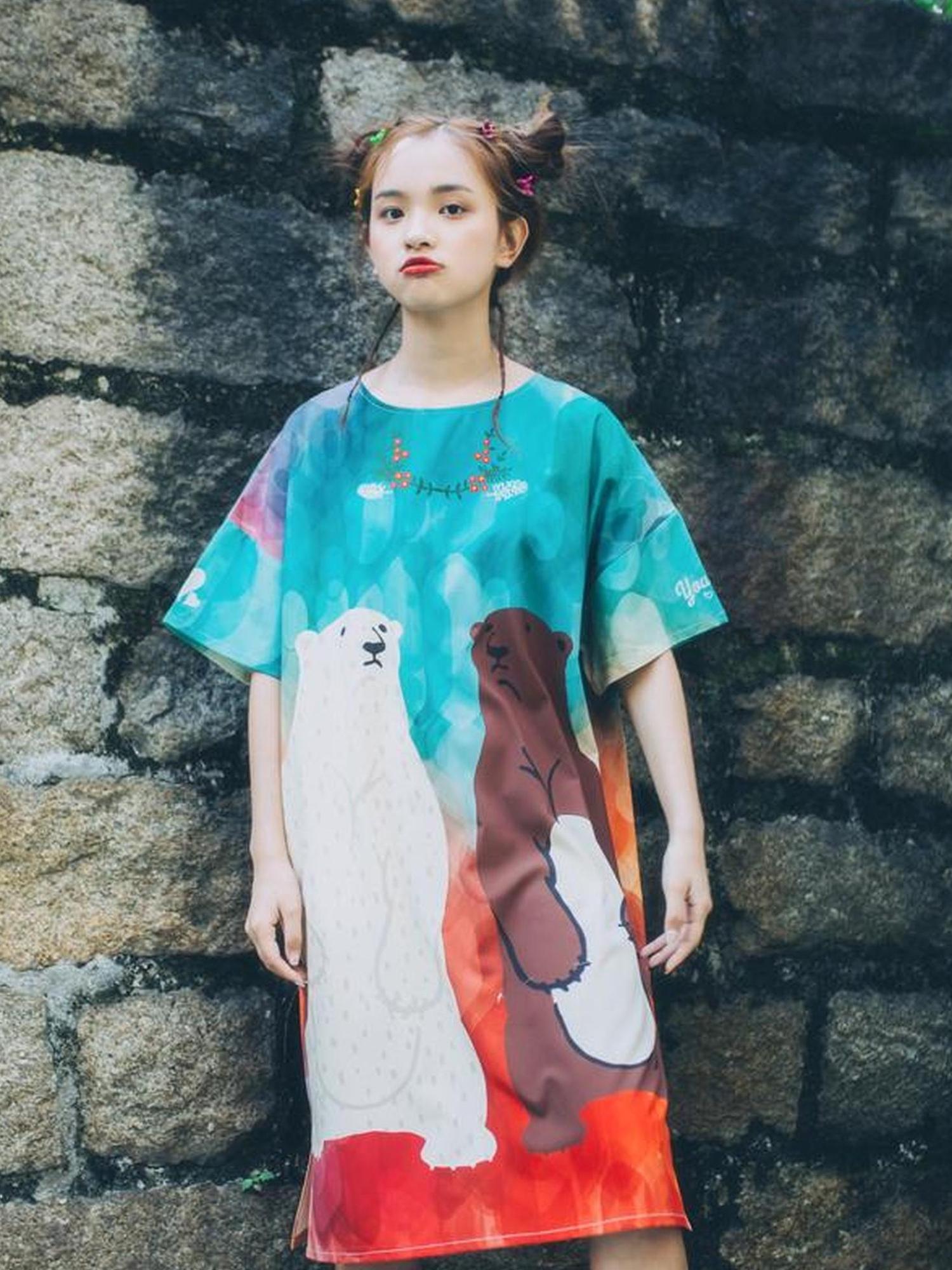 Sweet Mi Vintage Bear Print Oversized T Shirt Dress Summer Casual Long Tee