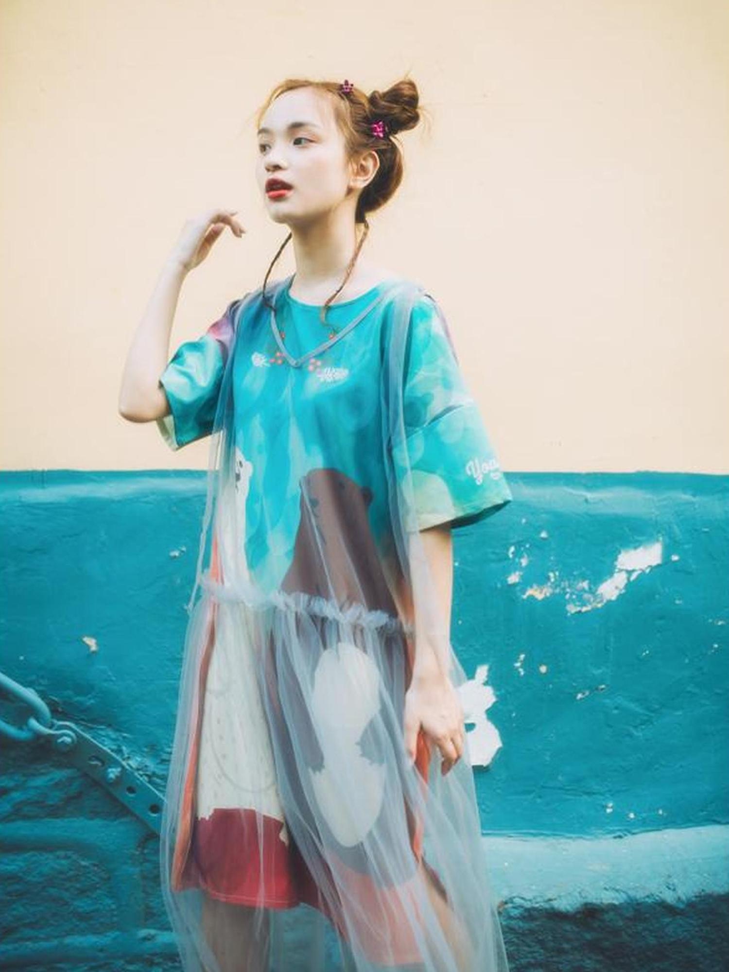 Sweet Mi Vintage Bear Print Oversized T Shirt Dress Summer Casual Long Tee