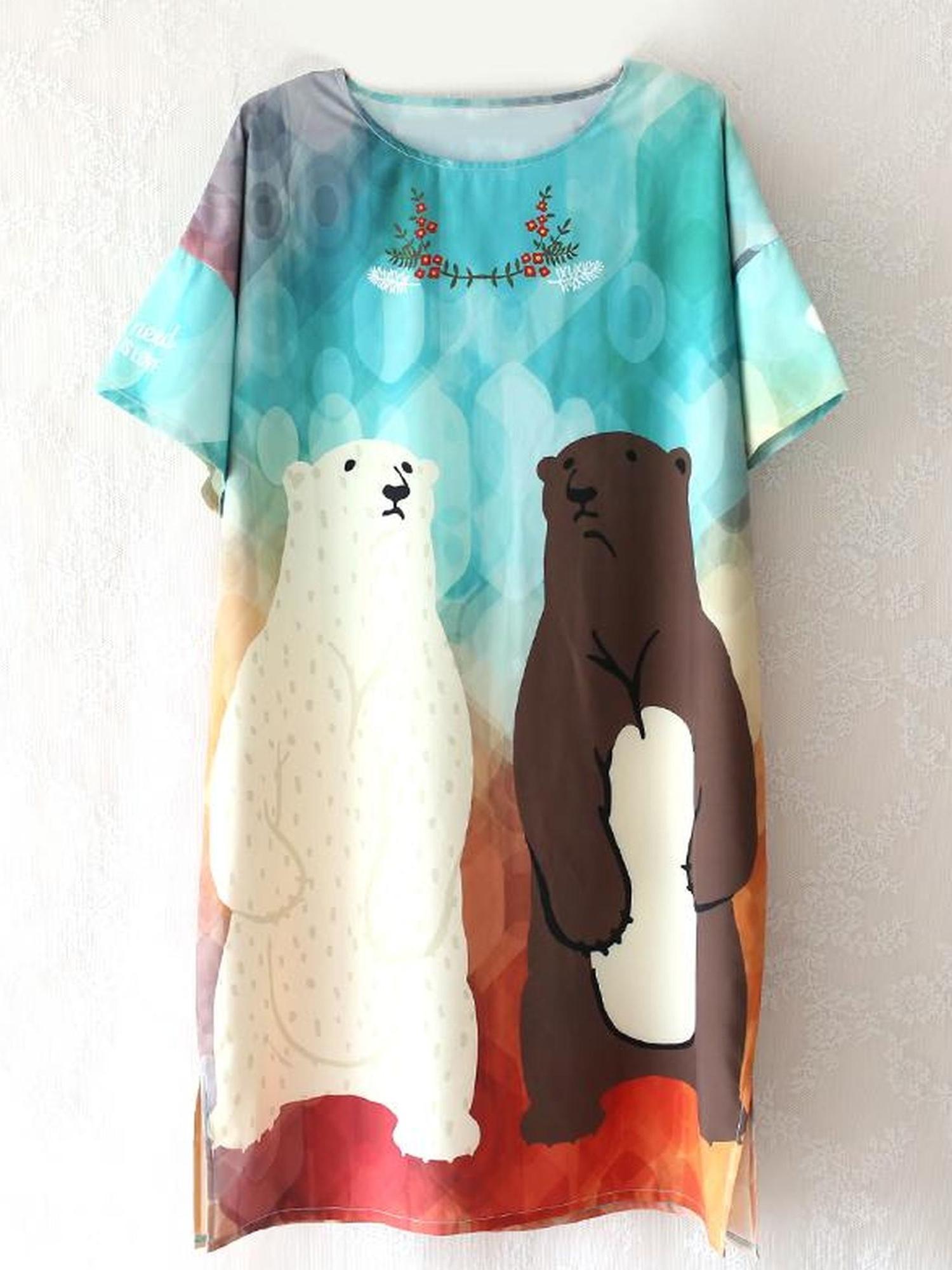 Sweet Mi Vintage Bear Print Oversized T Shirt Dress Summer Casual Long Tee