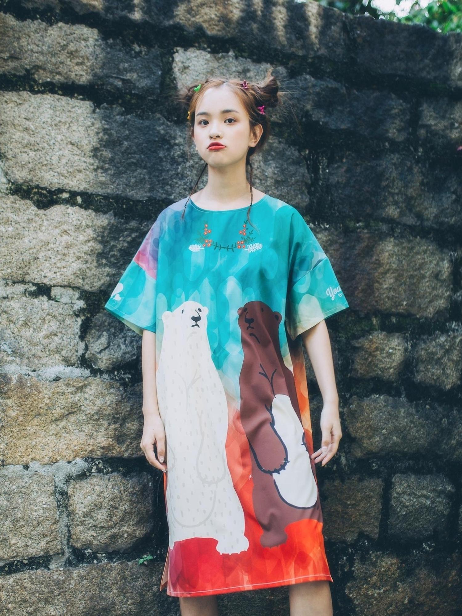 Sweet Mi Vintage Bear Print Oversized T Shirt Dress Summer Casual Long Tee