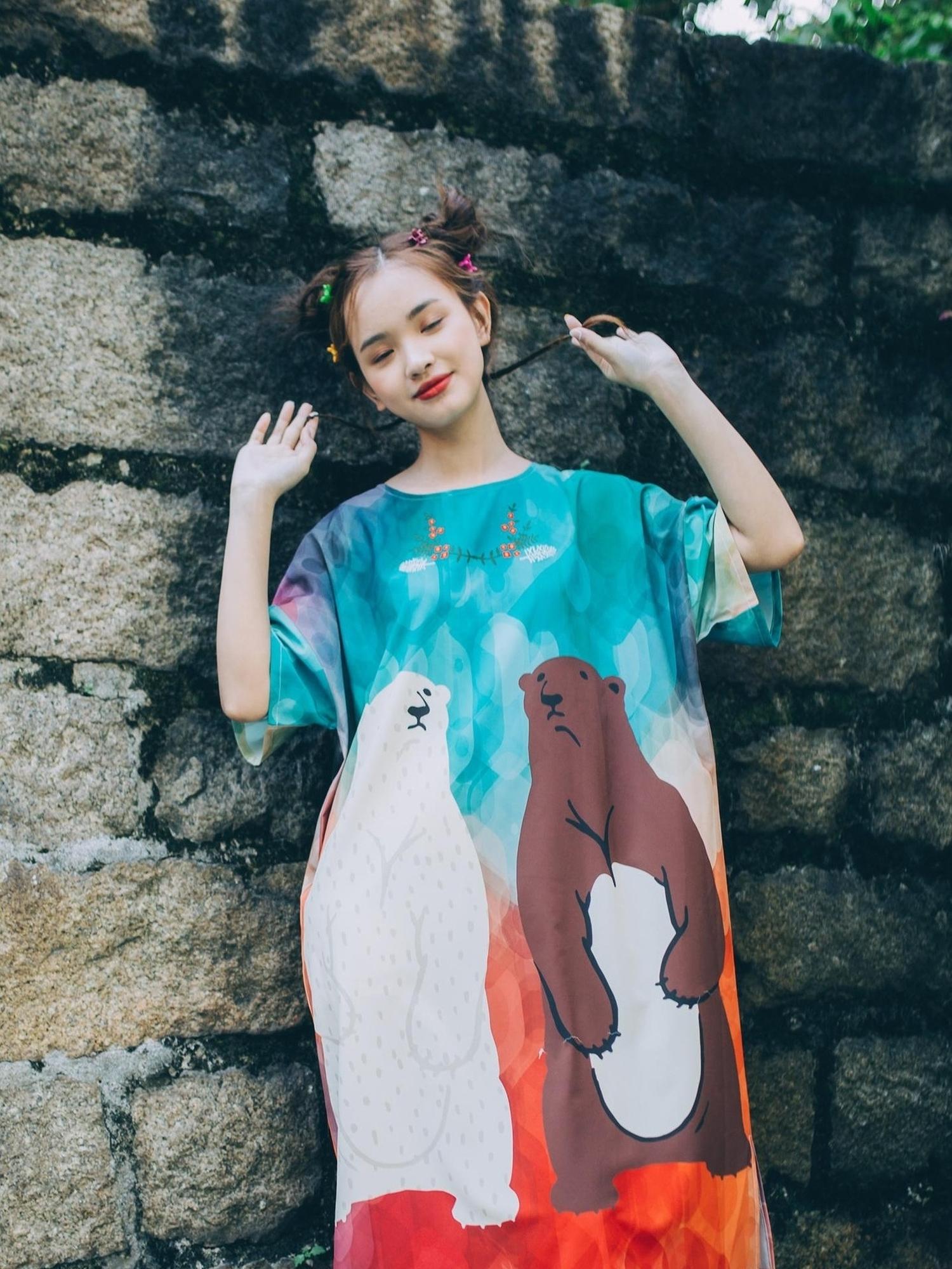 Sweet Mi Vintage Bear Print Oversized T Shirt Dress Summer Casual Long Tee