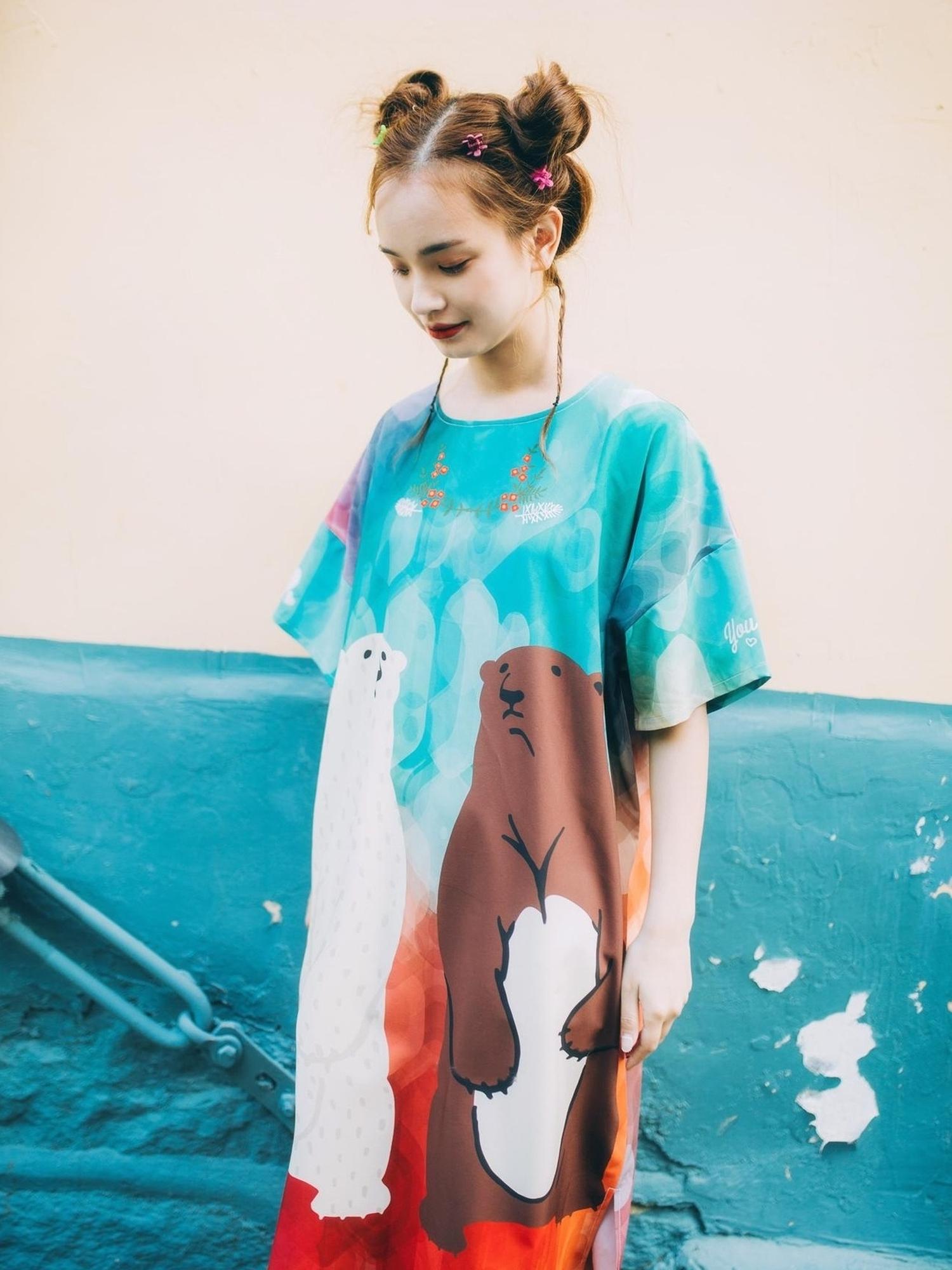 Sweet Mi Vintage Bear Print Oversized T Shirt Dress Summer Casual Long Tee