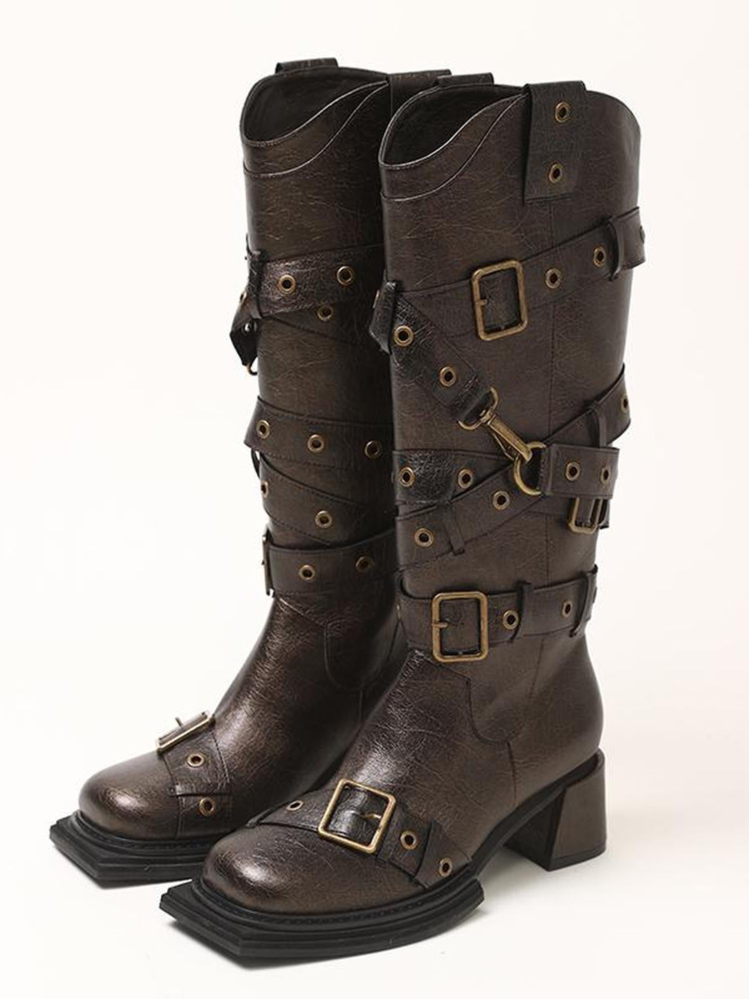 2th Desire Vintage Black Brown Chunky Heel Knee High Boots Women Shoes