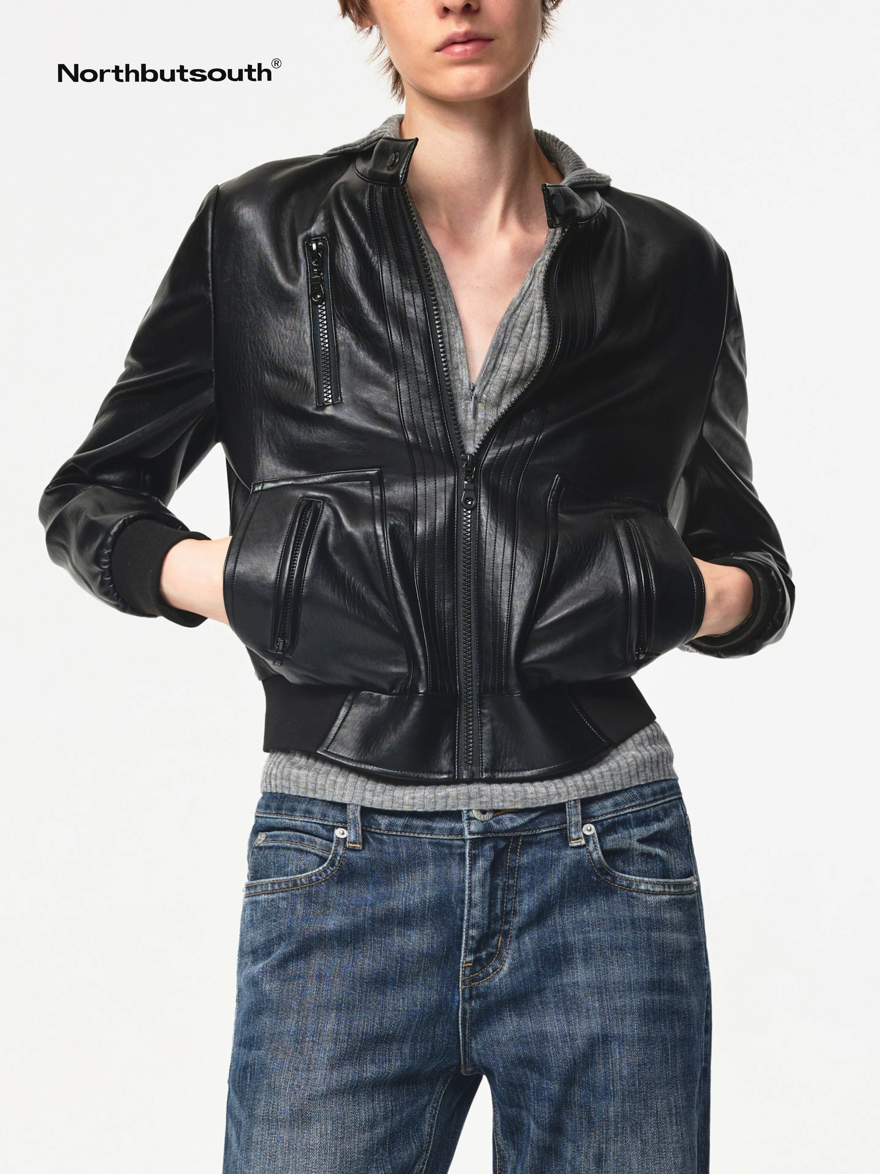 Vintage Black Cropped PU Leather Jacket With Waist Detail