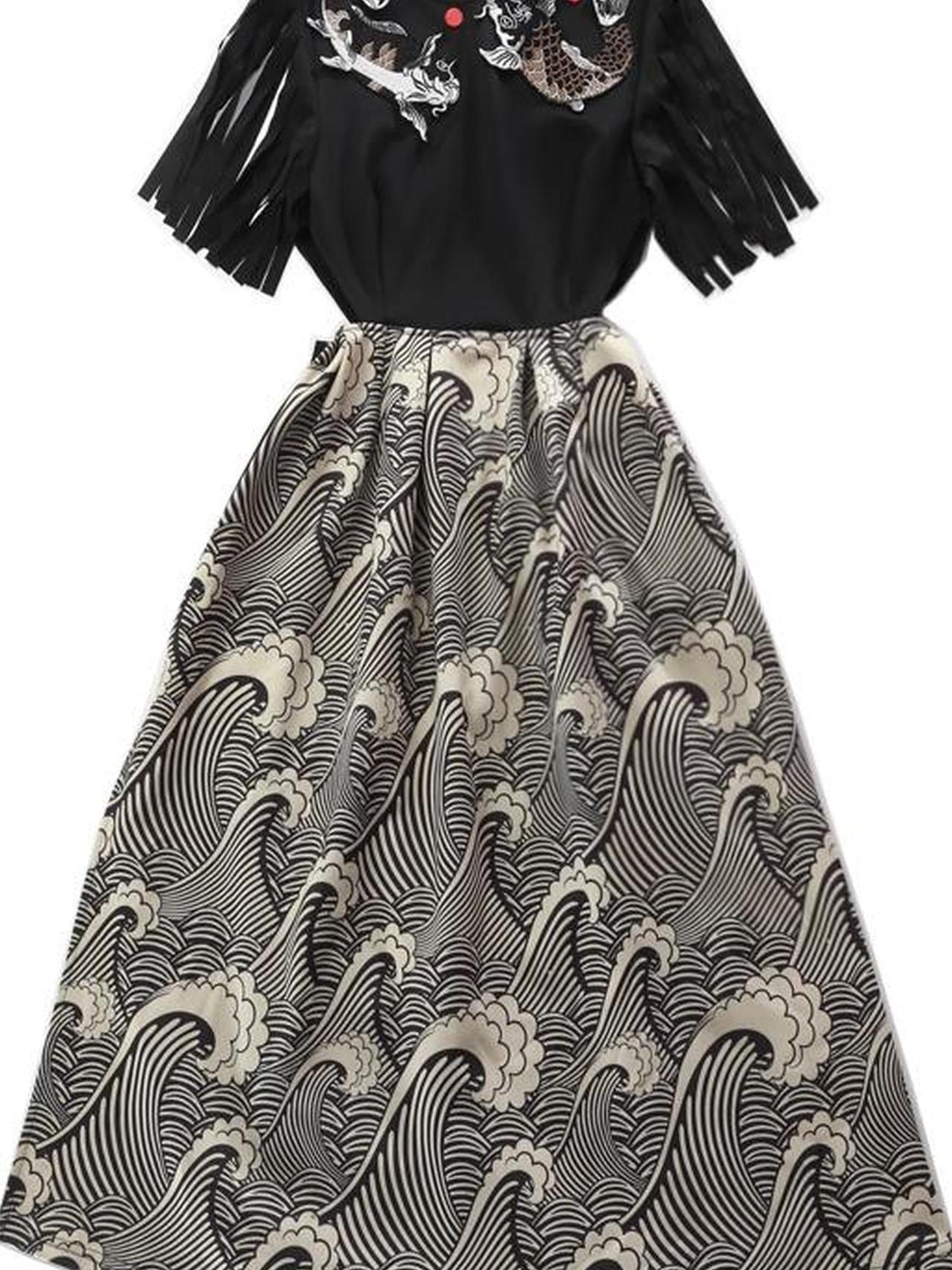 Sweet Mi Vintage Black Waist Fit Floral Embroidery Slim Dress