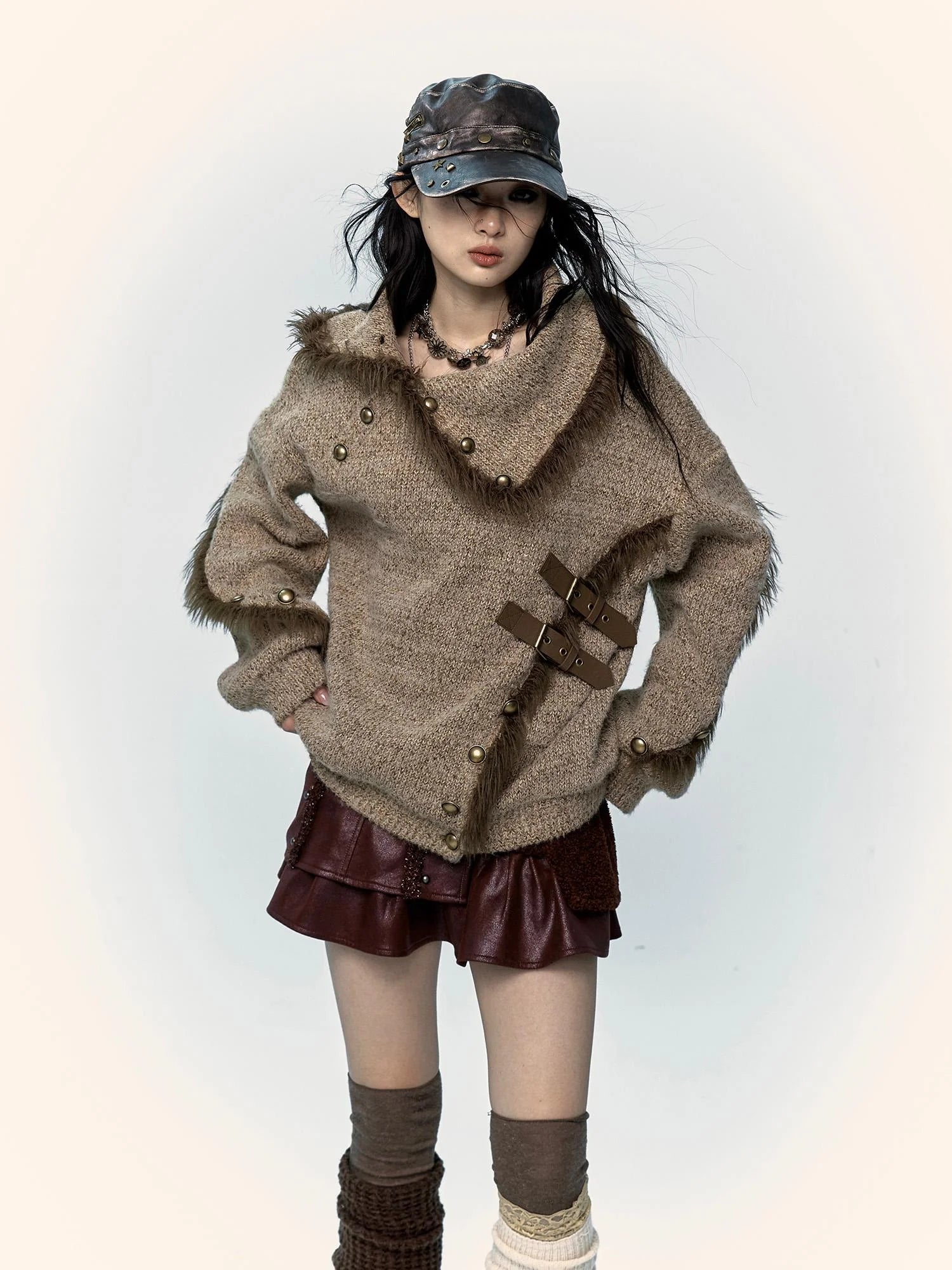 Vintage Boho Knit Sweater With Frayed Collar For Women