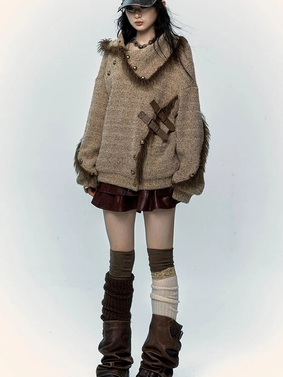 Vintage Boho Knit Sweater With Frayed Collar For Women