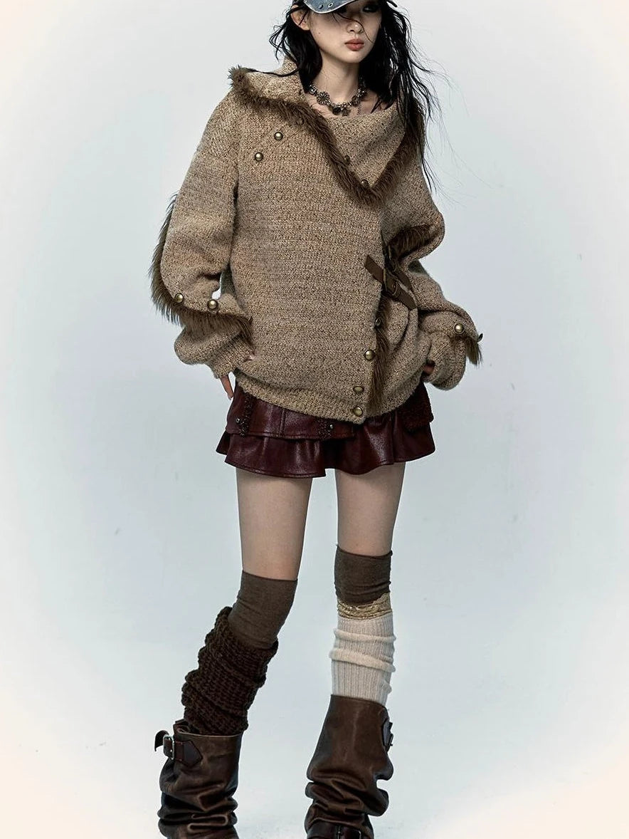 Vintage Boho Knit Sweater With Frayed Collar For Women