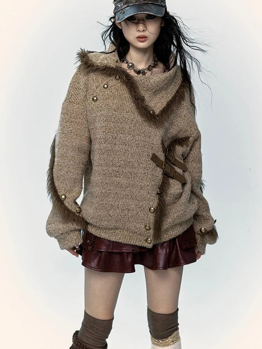 Vintage Boho Knit Sweater With Frayed Collar For Women