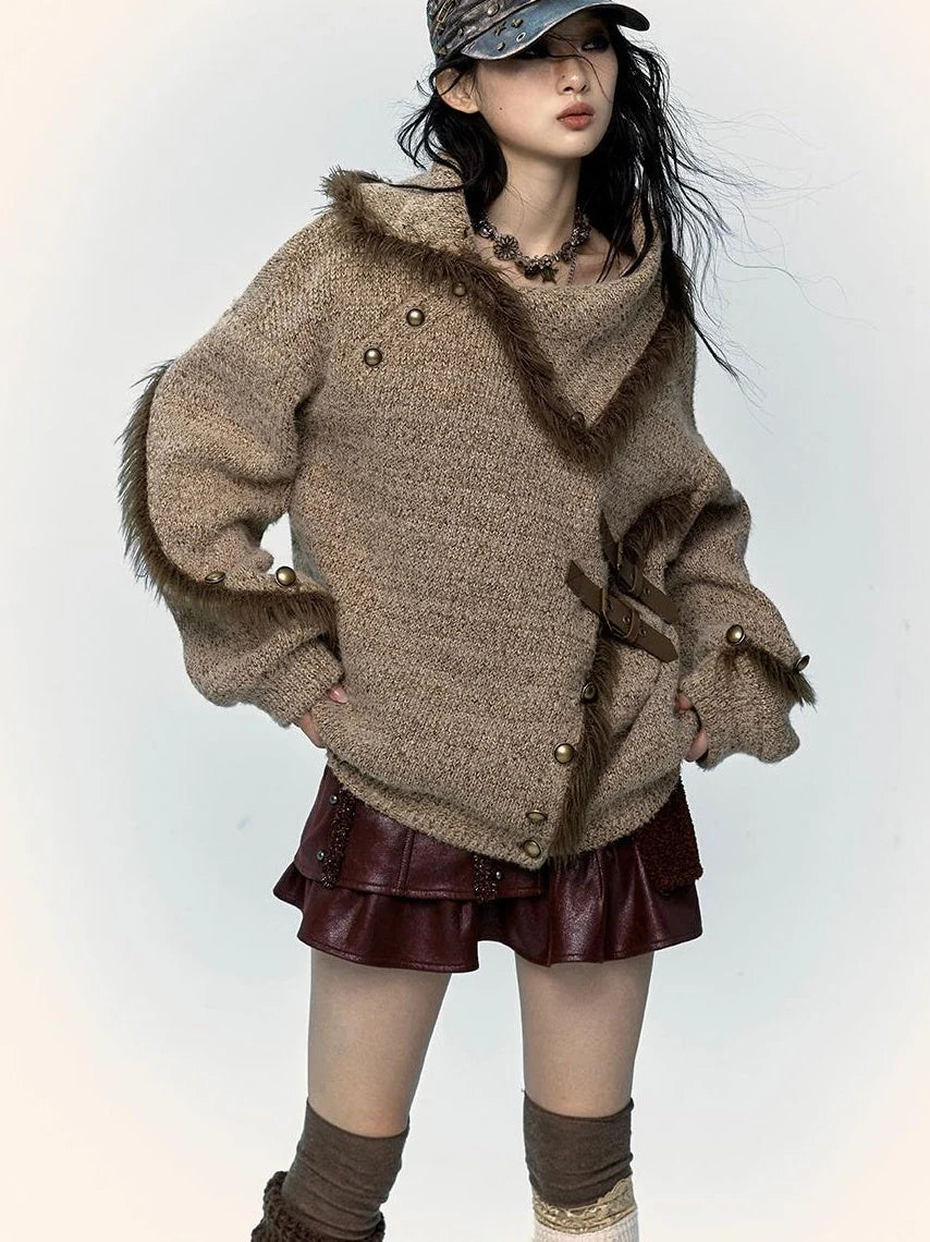 Vintage Boho Knit Sweater With Frayed Collar For Women