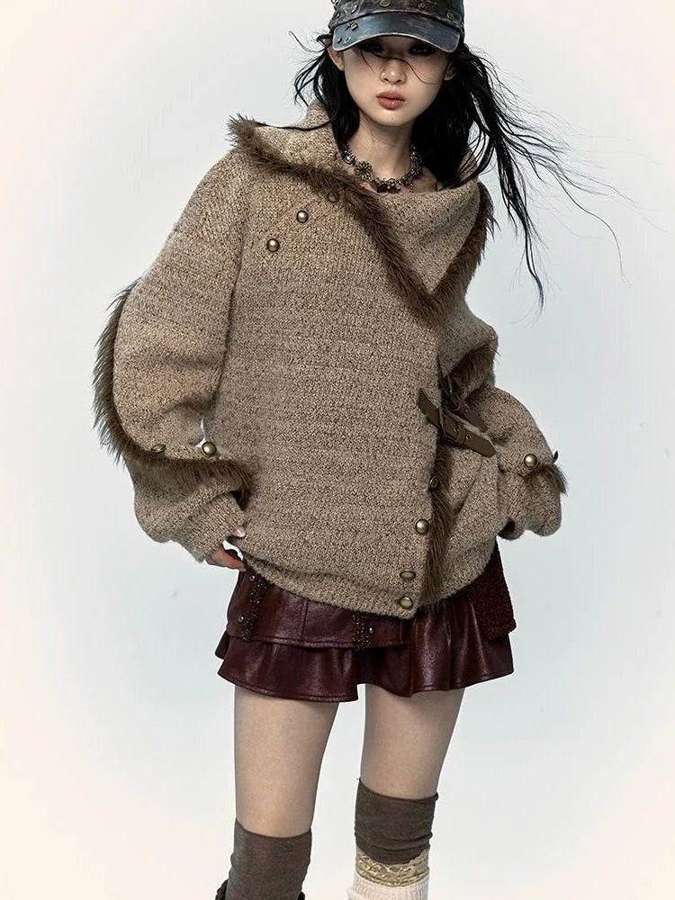 Vintage Boho Knit Sweater With Frayed Collar For Women