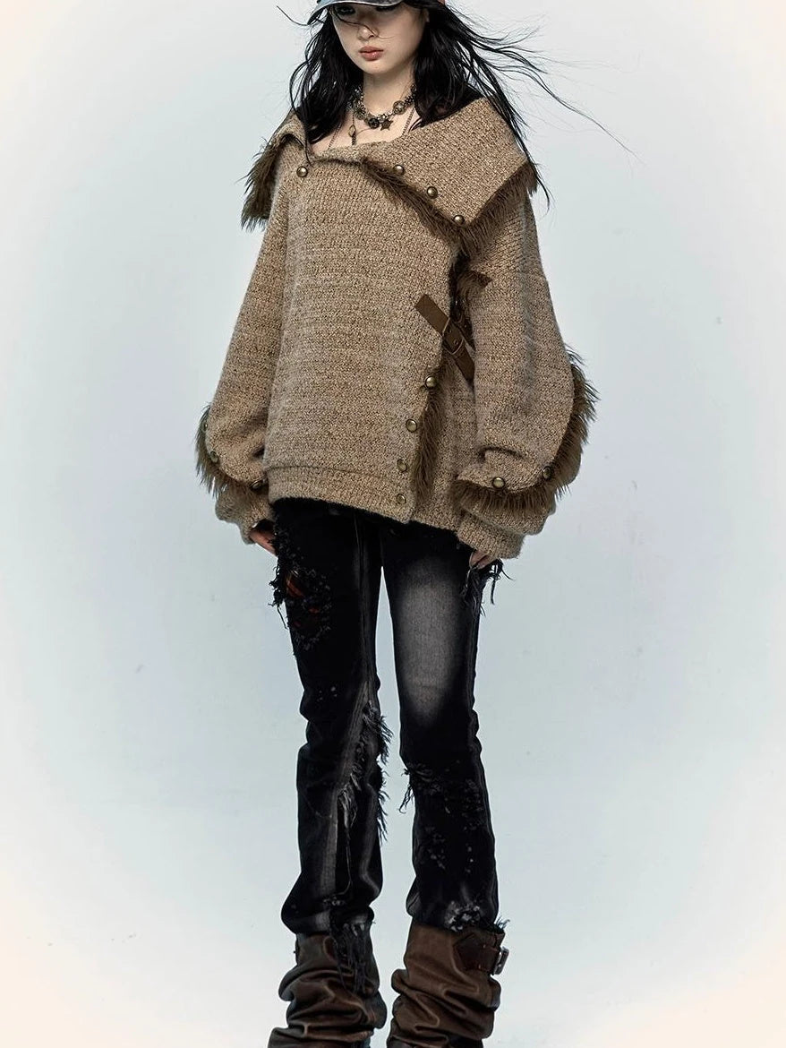 Vintage Boho Knit Sweater With Frayed Collar For Women