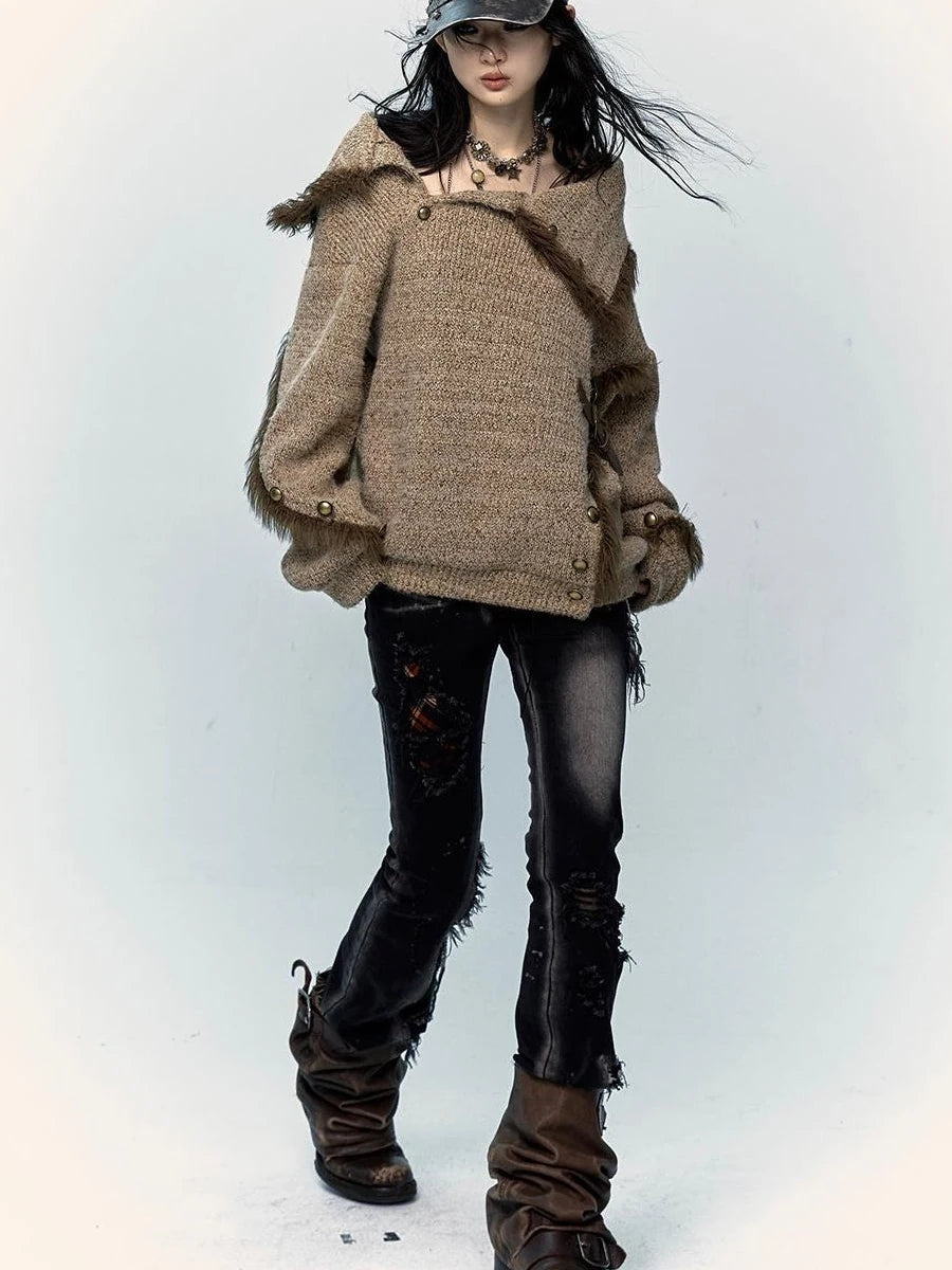 Vintage Boho Knit Sweater With Frayed Collar For Women