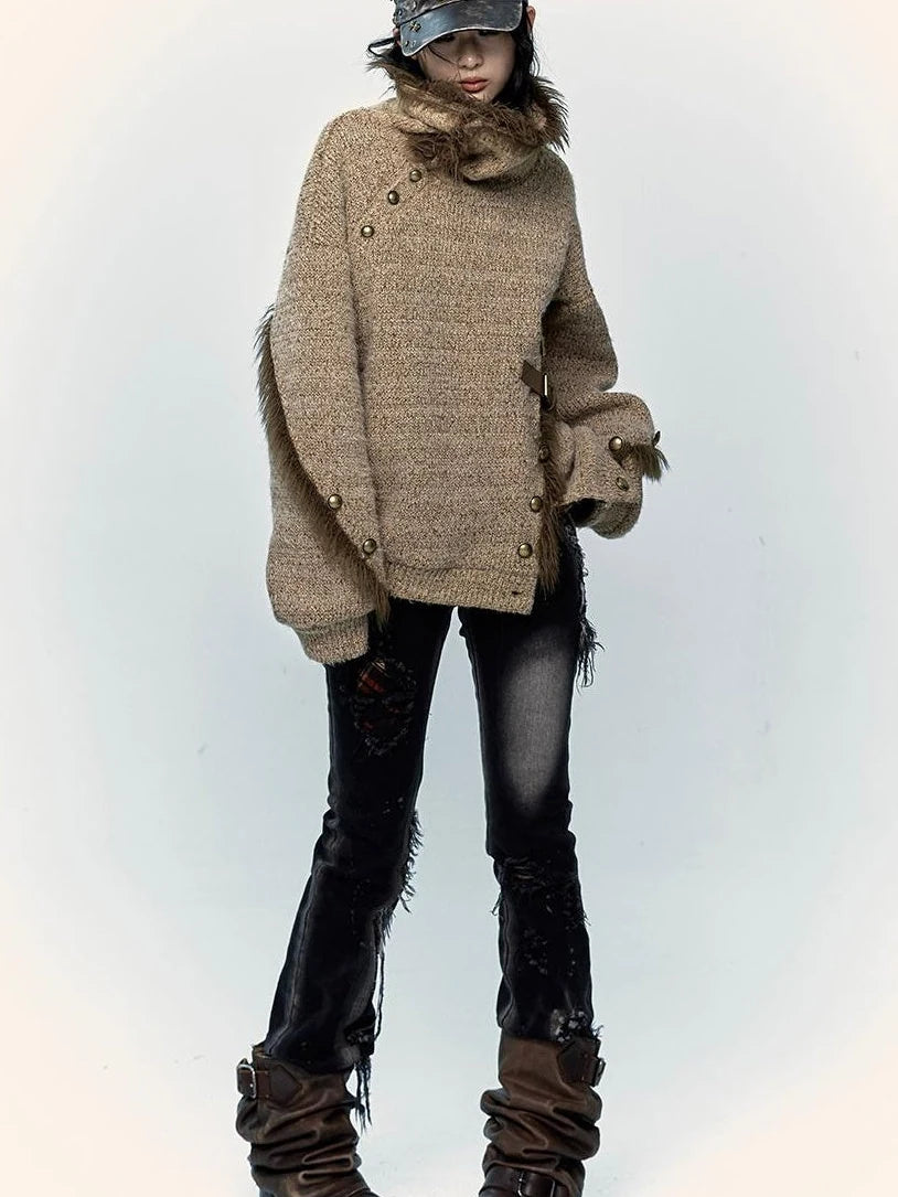Vintage Boho Knit Sweater With Frayed Collar For Women