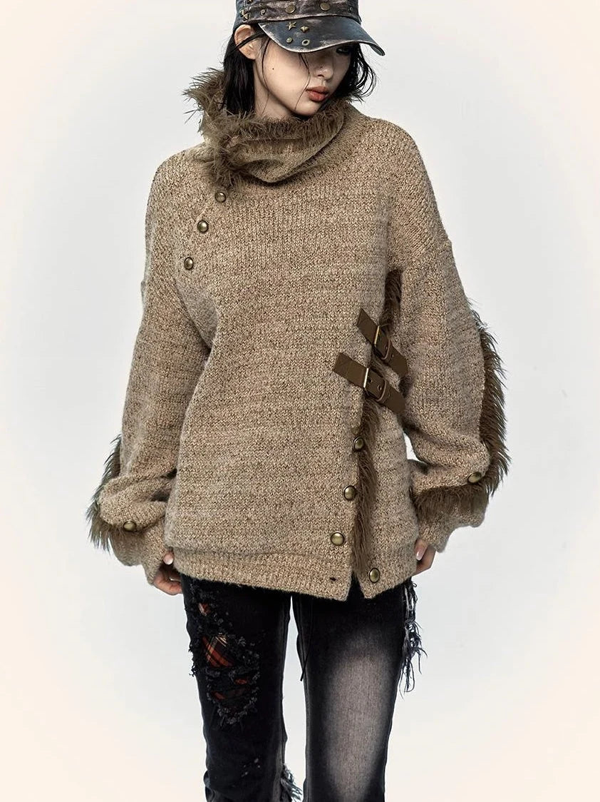 Vintage Boho Knit Sweater With Frayed Collar For Women
