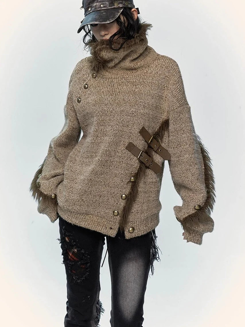 Vintage Boho Knit Sweater With Frayed Collar For Women