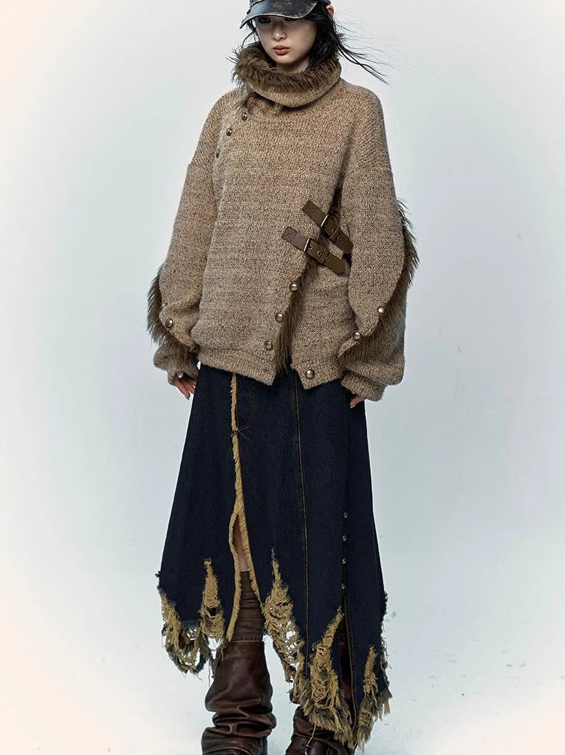Vintage Boho Knit Sweater With Frayed Collar For Women