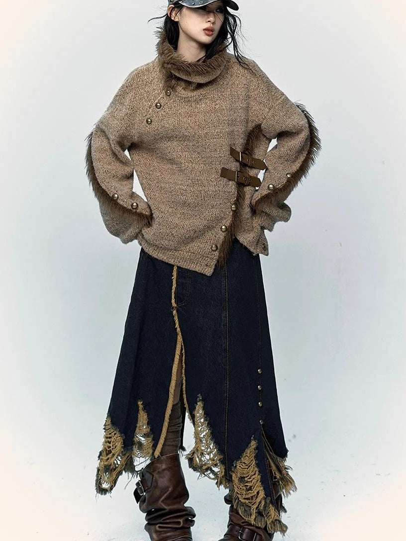 Vintage Boho Knit Sweater With Frayed Collar For Women