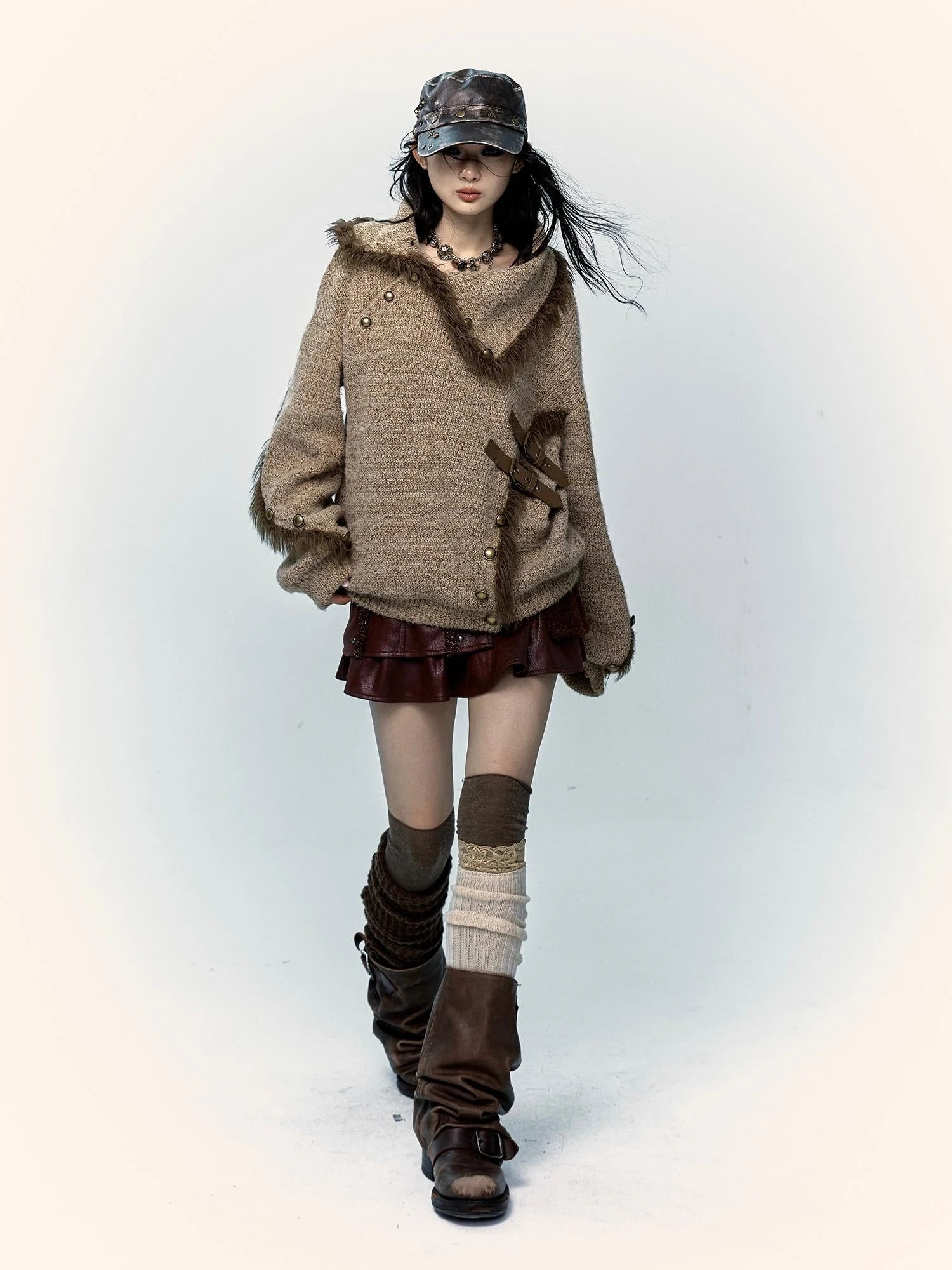Vintage Boho Knit Sweater With Frayed Collar For Women