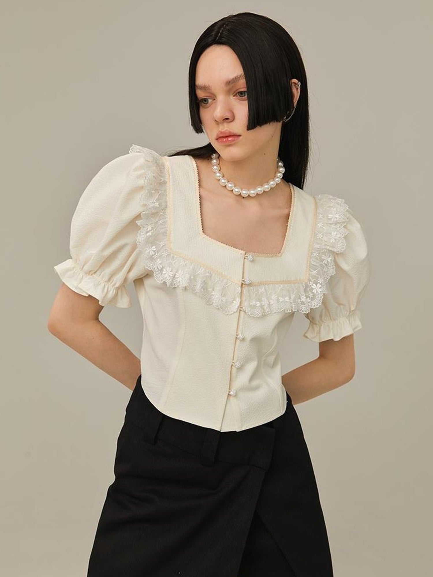 DIDDI MODA Vintage Bow Blouse Lace Crop Top Flared Shorts Set
