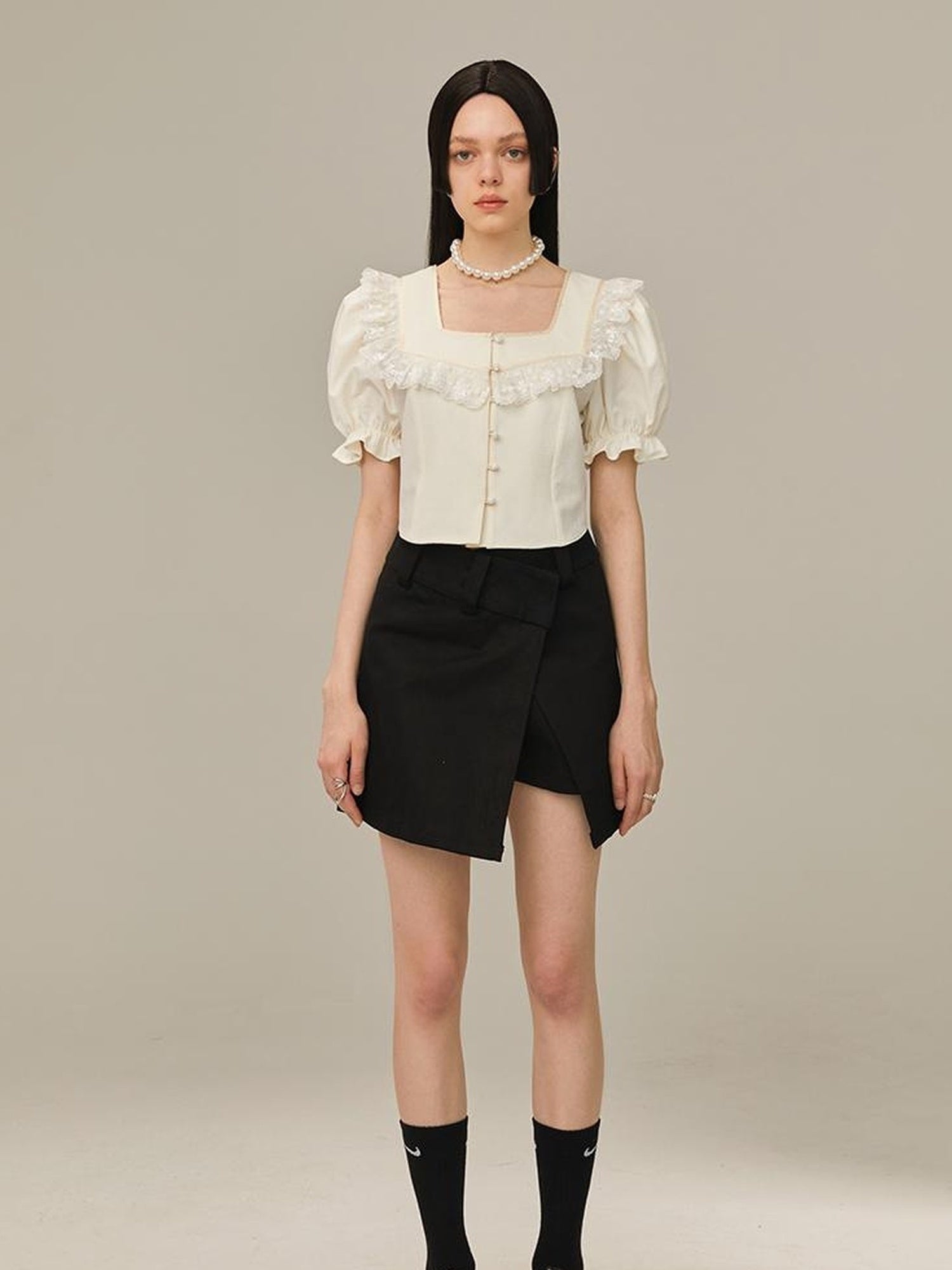 DIDDI MODA Vintage Bow Blouse Lace Crop Top Flared Shorts Set