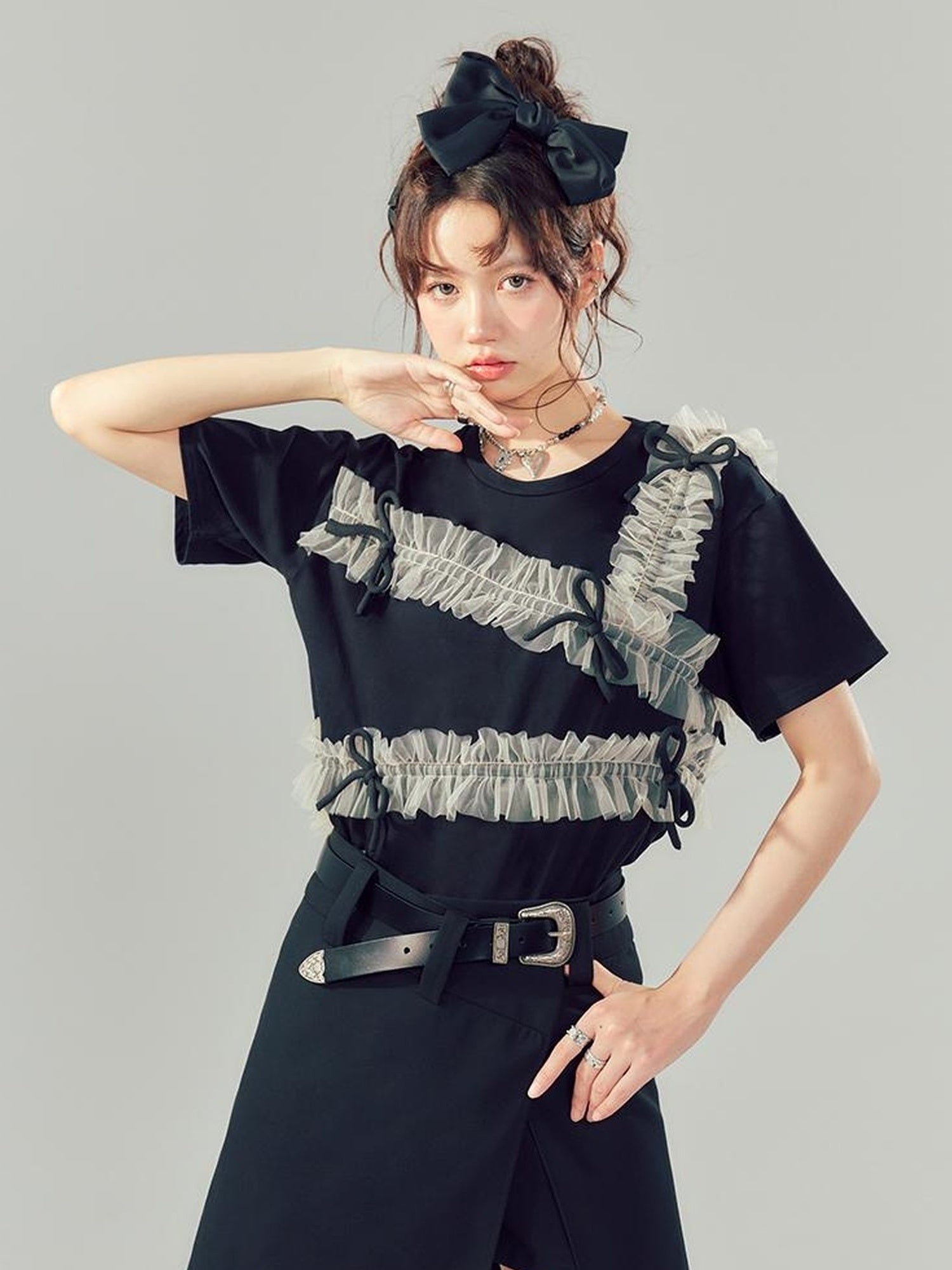DIDDI MODA Vintage Bow Blouse Lace Crop Top Flared Shorts Set