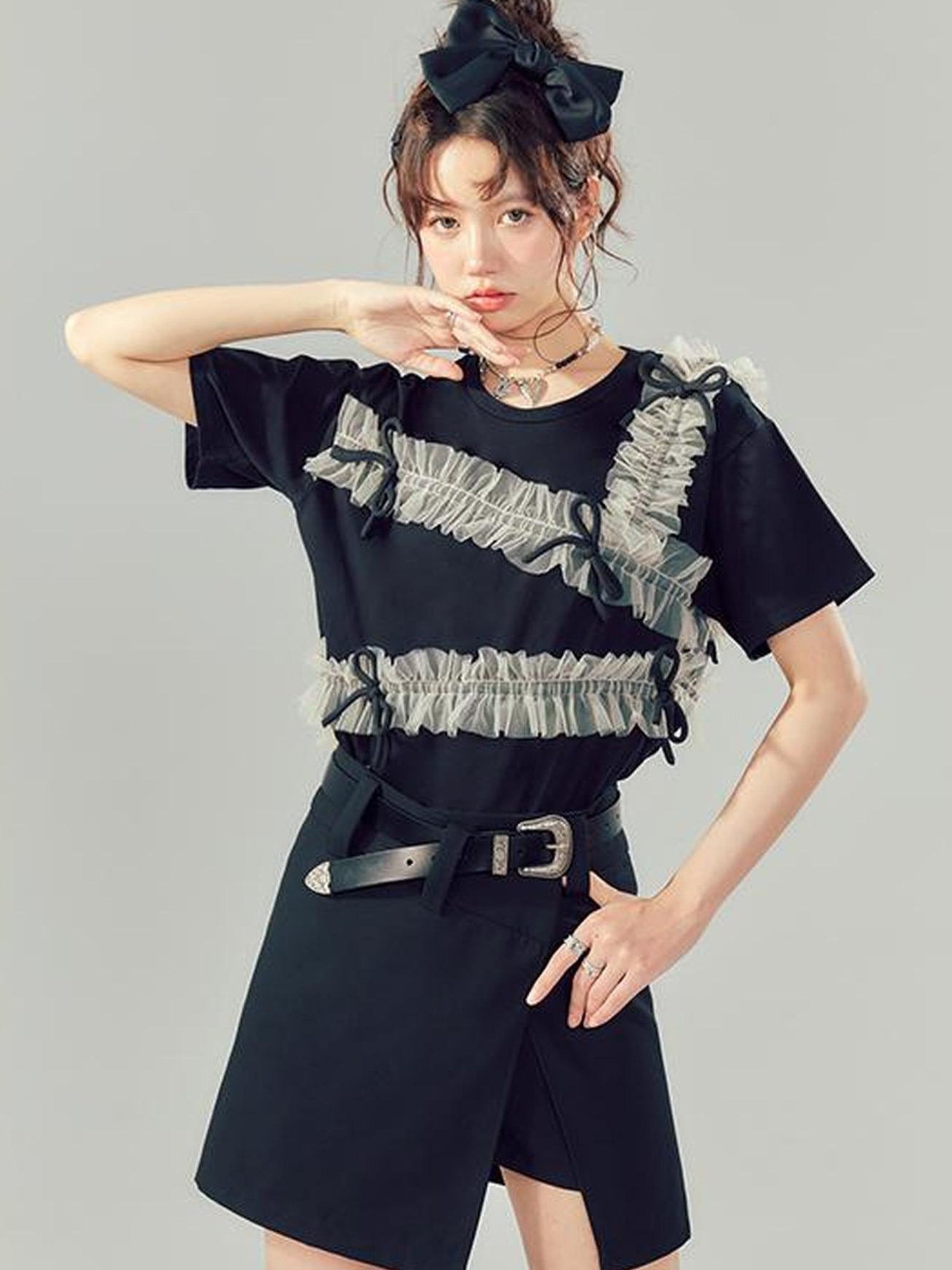 DIDDI MODA Vintage Bow Blouse Lace Crop Top Flared Shorts Set