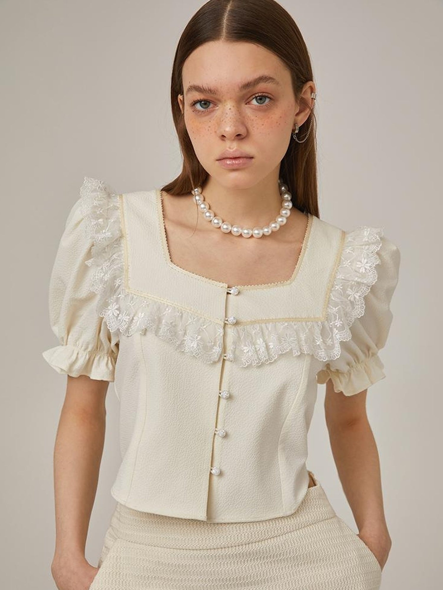 DIDDI MODA Vintage Bow Blouse Lace Crop Top Flared Shorts Set