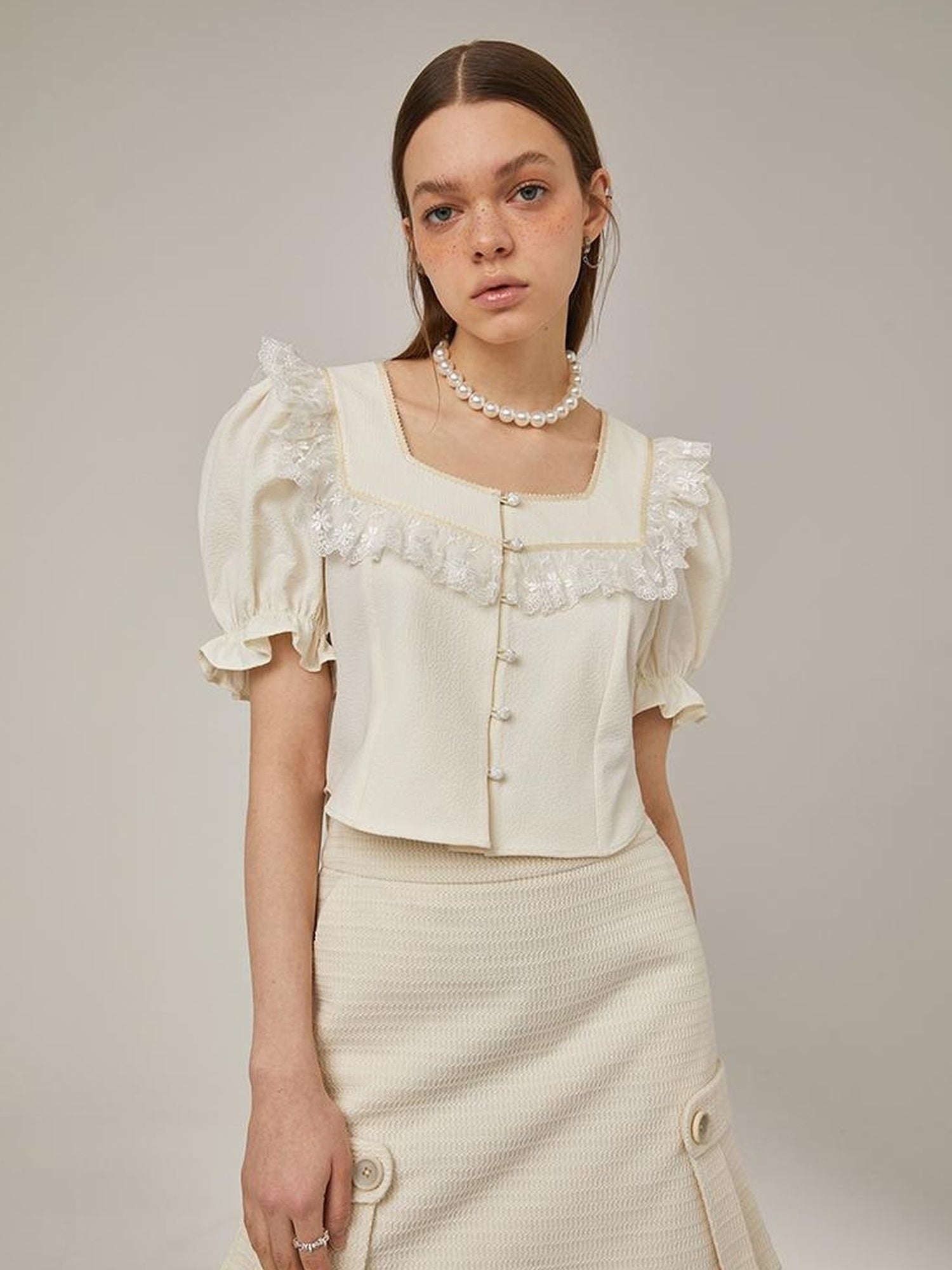 DIDDI MODA Vintage Bow Blouse Lace Crop Top Flared Shorts Set