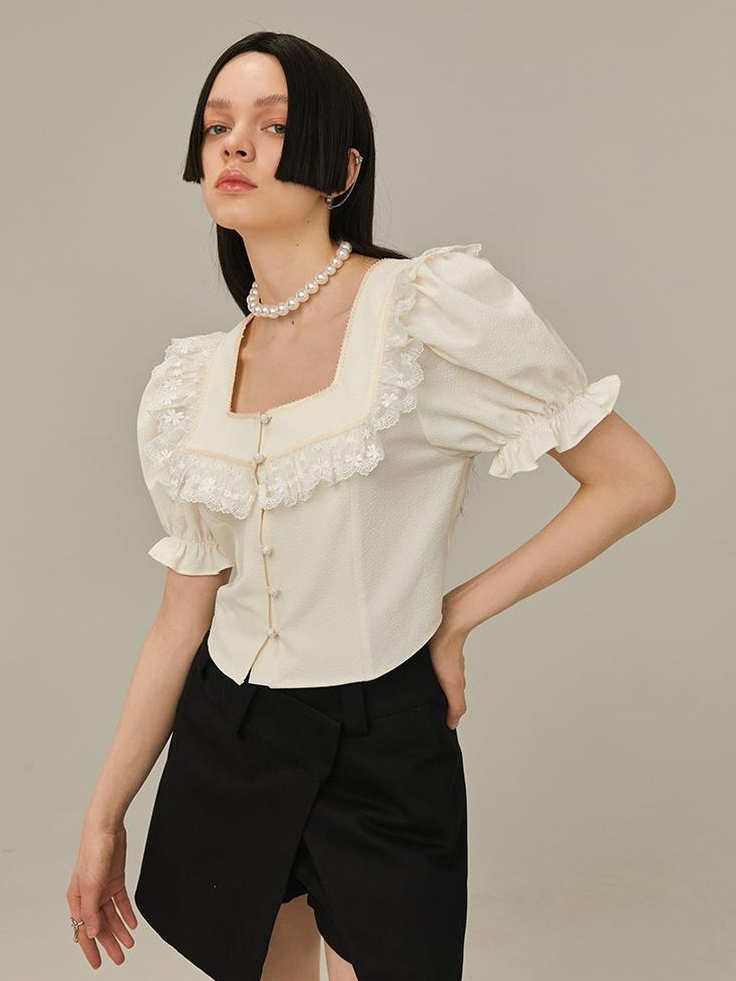 DIDDI MODA Vintage Bow Blouse Lace Crop Top Flared Shorts Set