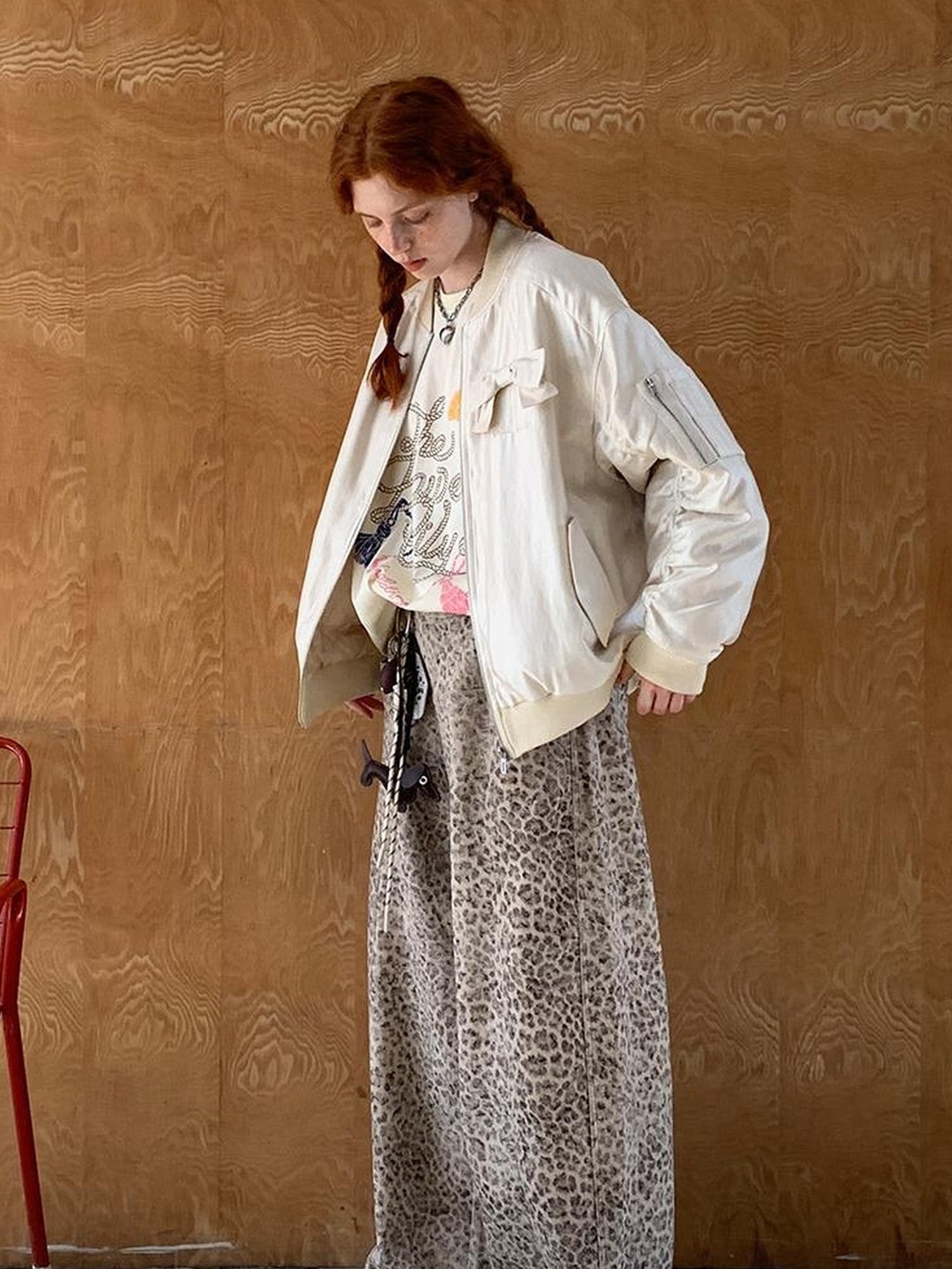 DIDDI MODA Vintage Bow Embroidered Baseball Jacket