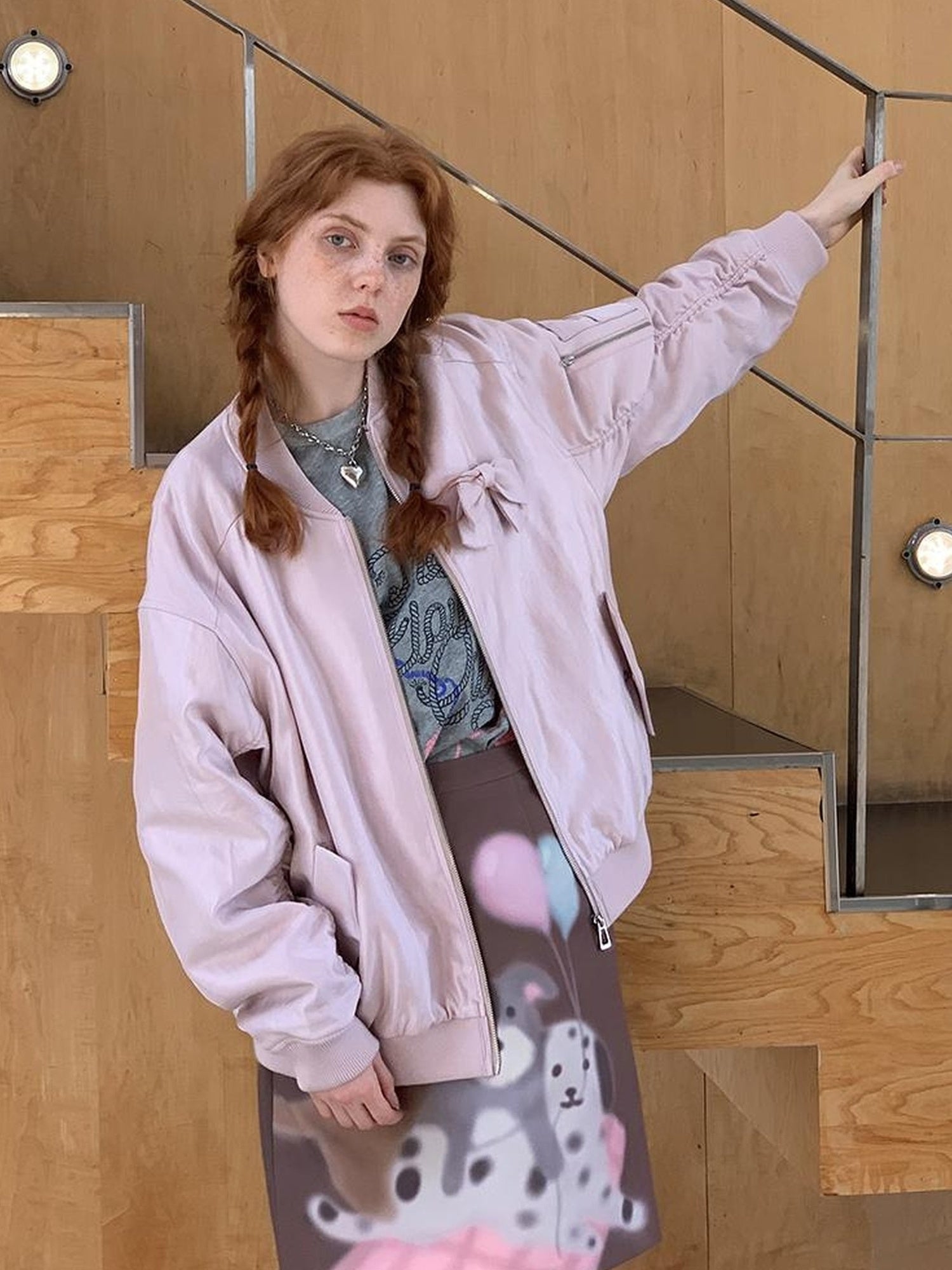 DIDDI MODA Vintage Bow Embroidered Baseball Jacket