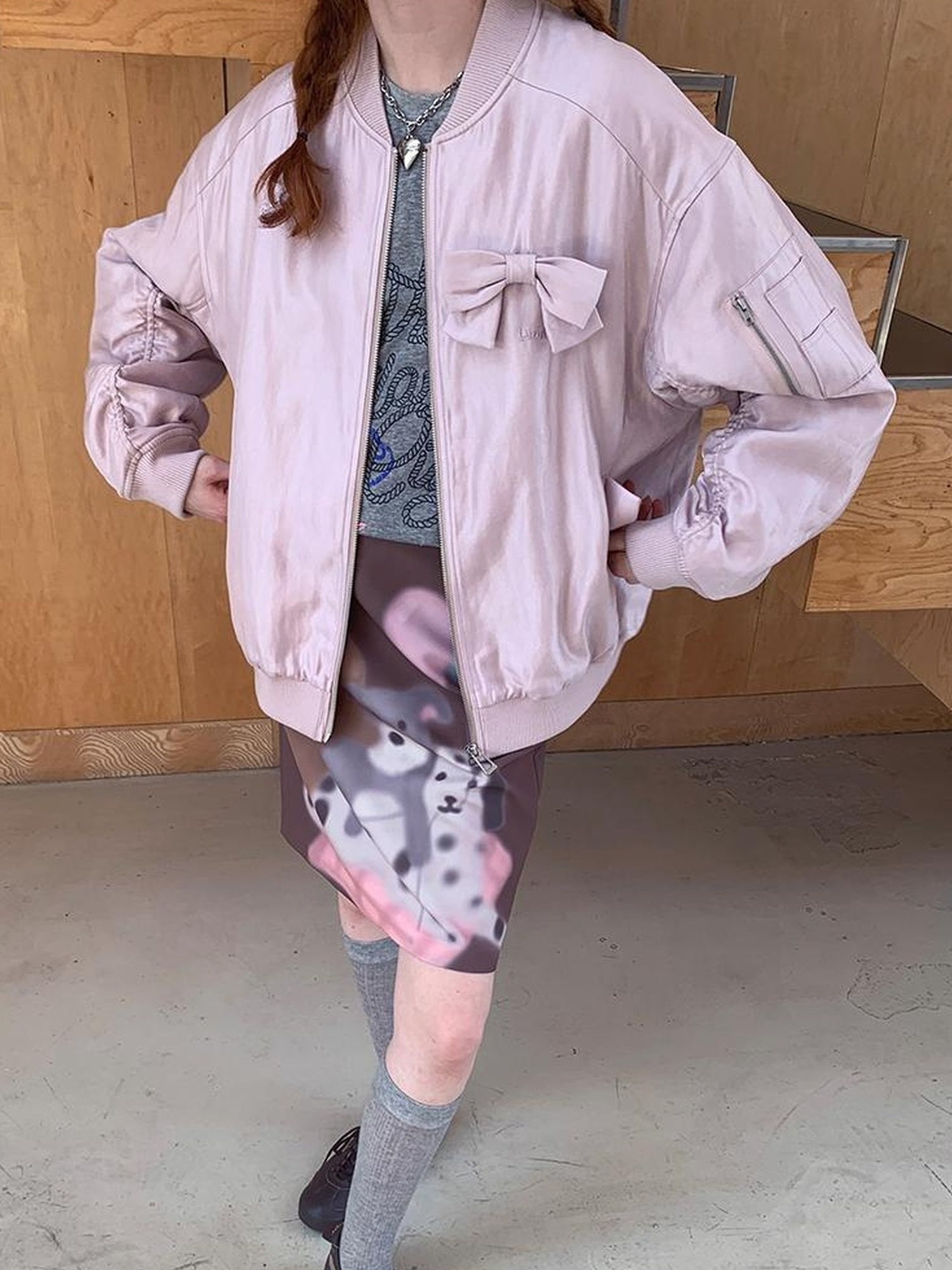 DIDDI MODA Vintage Bow Embroidered Baseball Jacket