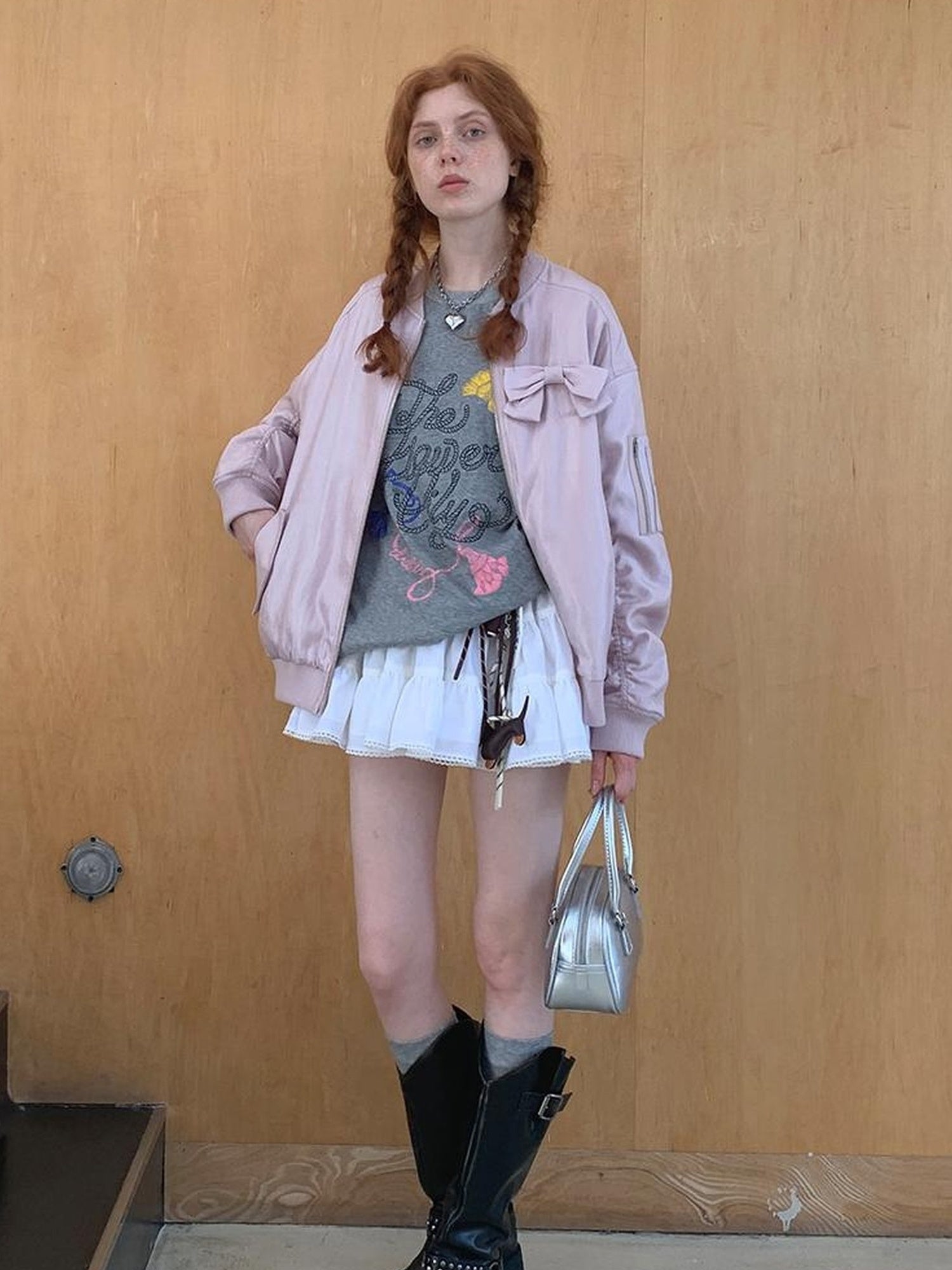 DIDDI MODA Vintage Bow Embroidered Baseball Jacket