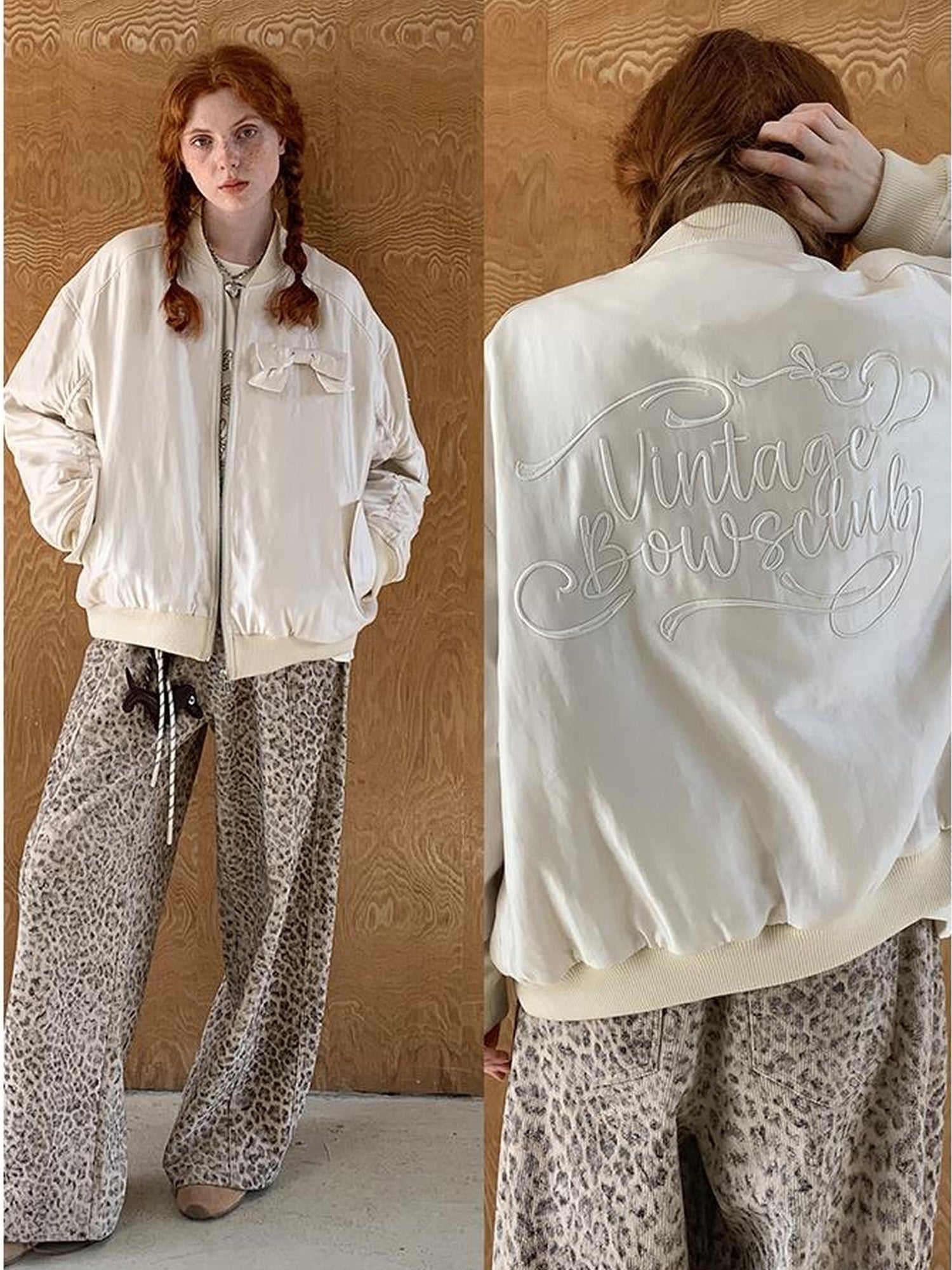 DIDDI MODA Vintage Bow Embroidered Baseball Jacket