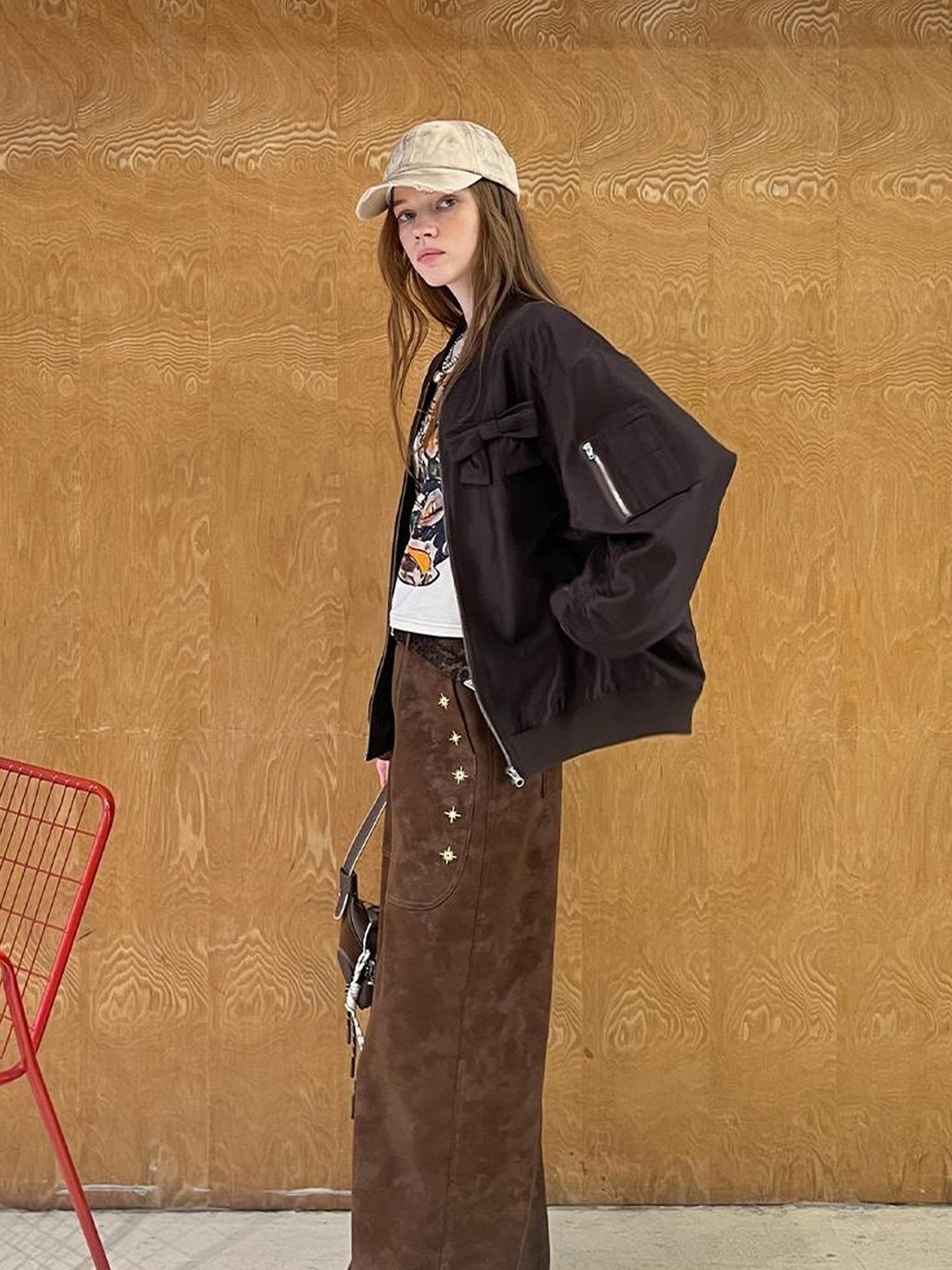DIDDI MODA Vintage Bow Embroidered Baseball Jacket