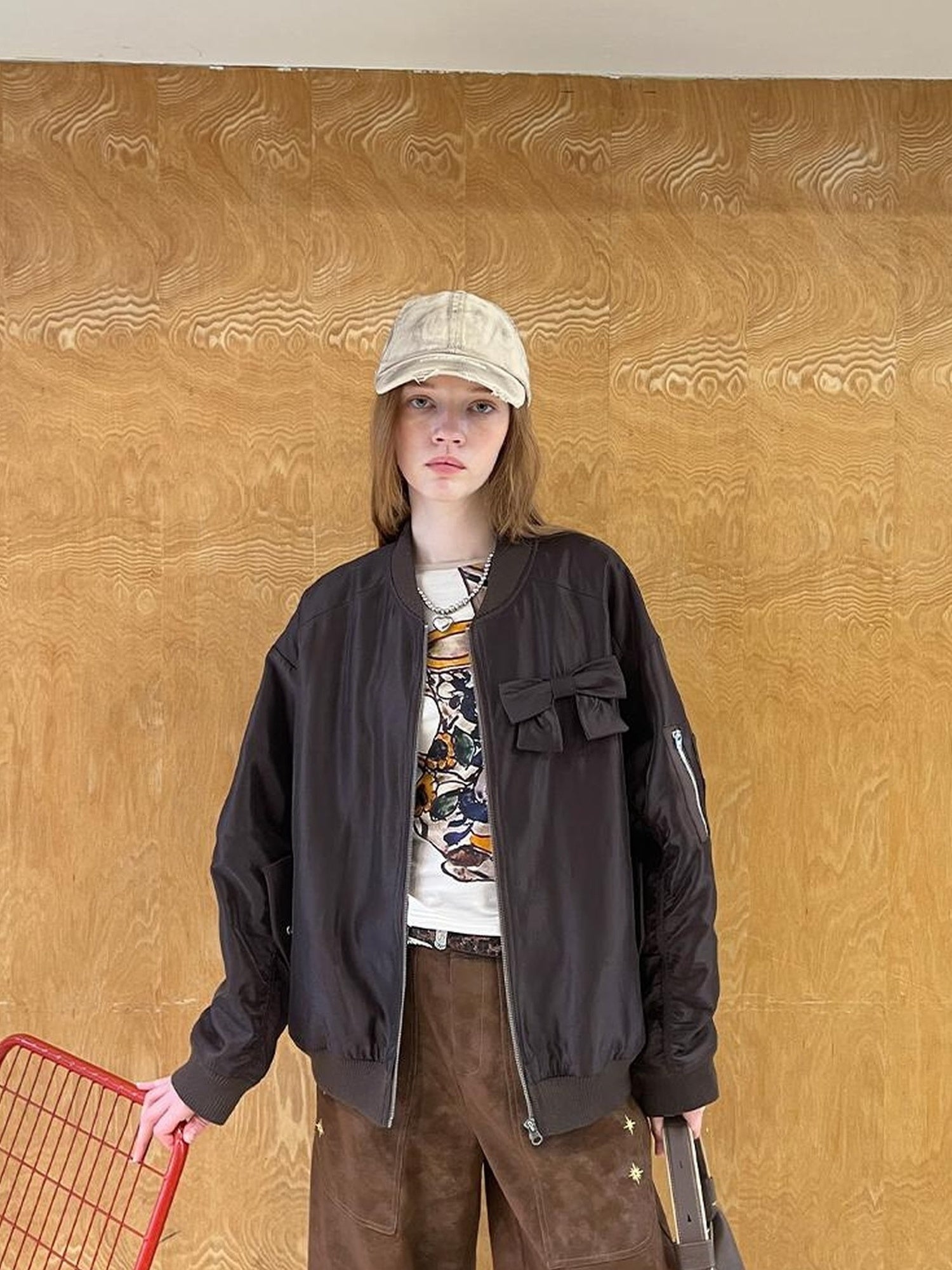 DIDDI MODA Vintage Bow Embroidered Baseball Jacket